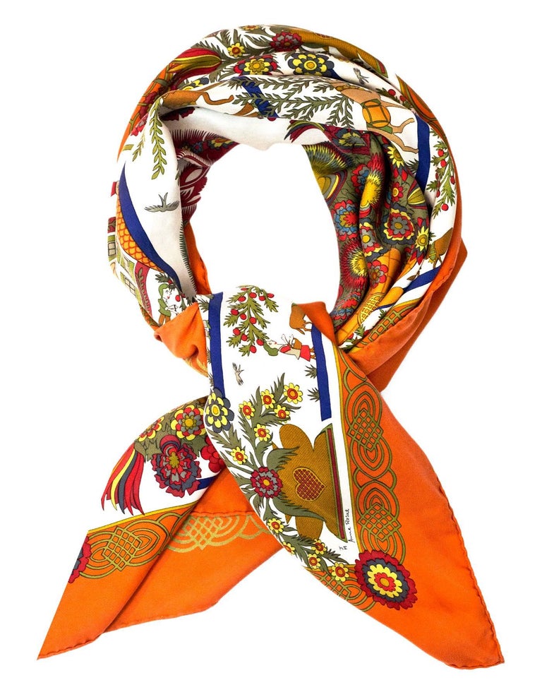 Hermes Vintage Burnt Orange D'ecoupages Silk 90cm Scarf For Sale at