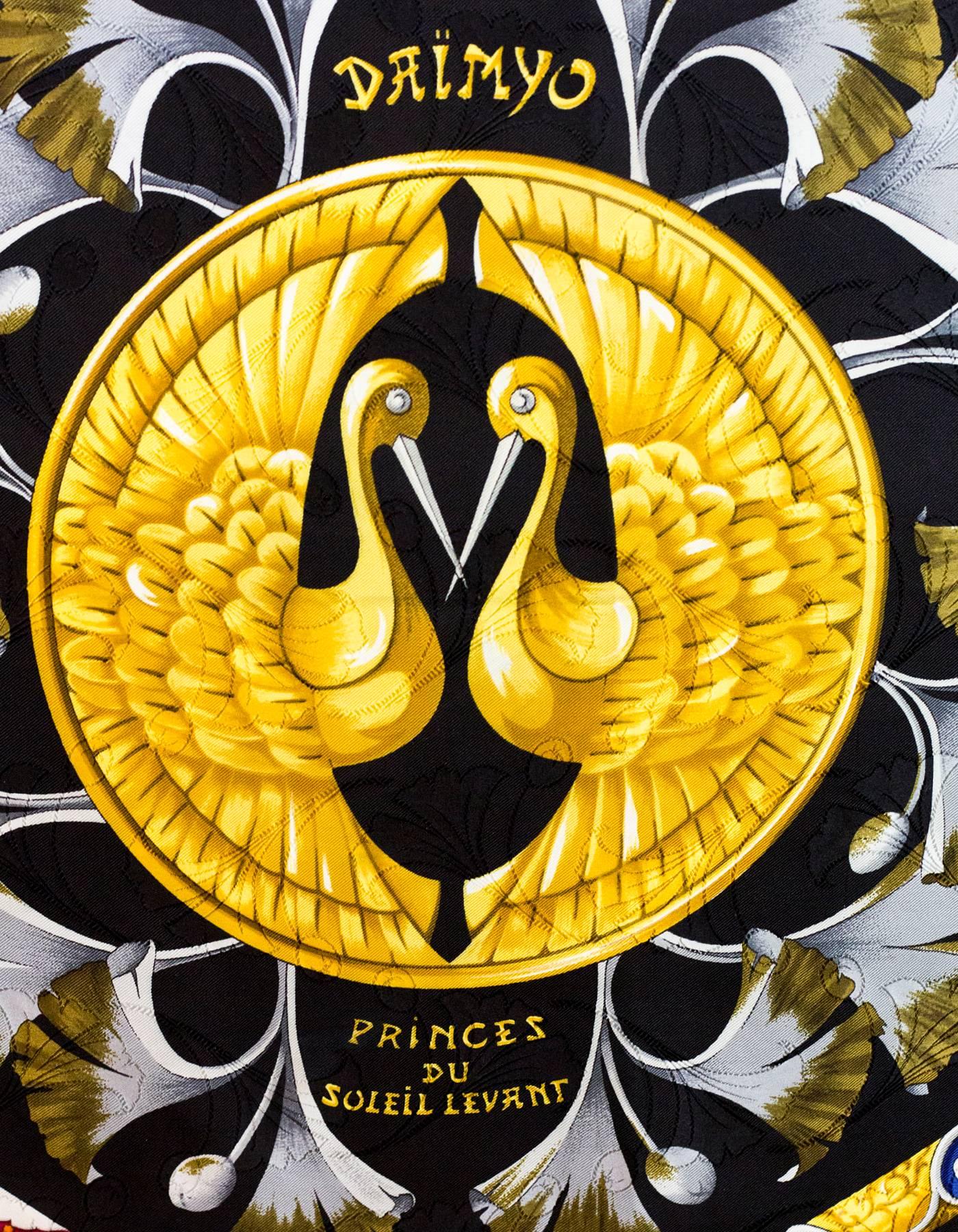 Hermes Black and Gold Princes du Soleil Levant Jacquard Silk 90cm Scarf 1