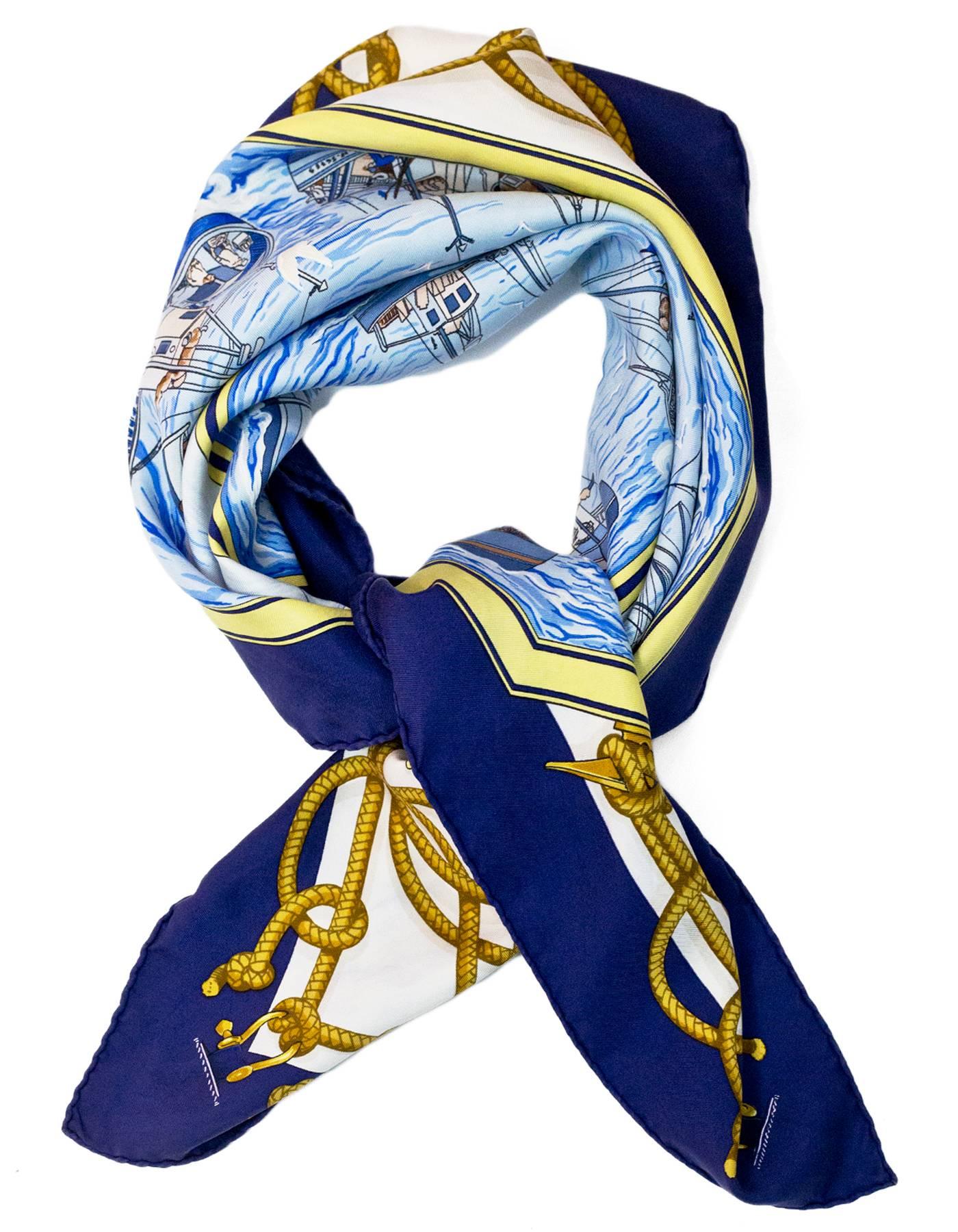Hermes Vintage Blue Retour de Peche Silk 90cm Scarf

Made In: France
Color: Blue
Composition: 100% Silk
Retail Price: $395 + tax
Overall Condition: Very good vintage pre-owned vintage condition with the exception of fading of fabric