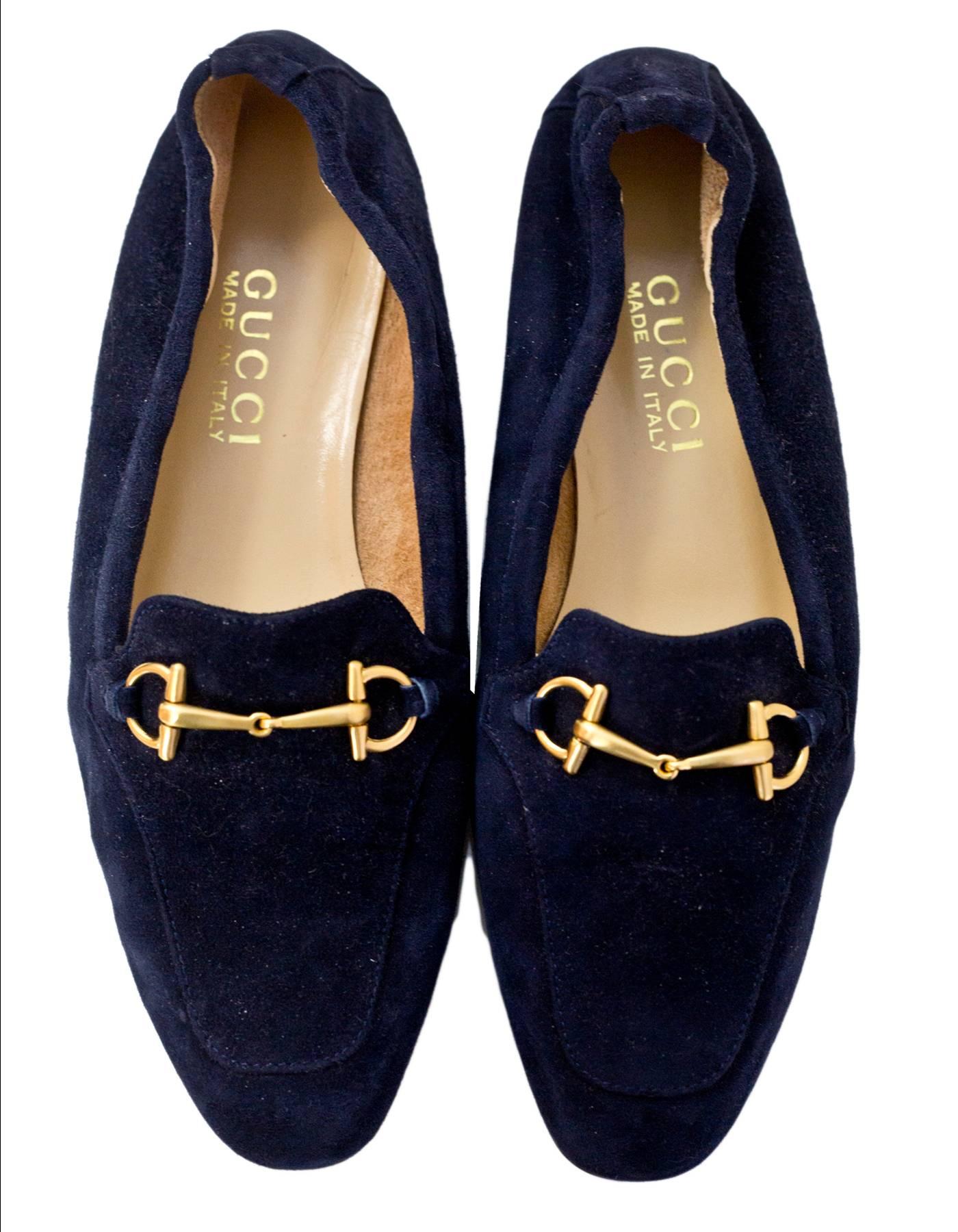 Black Gucci Navy Suede Horsebit Loafers Size 37C New