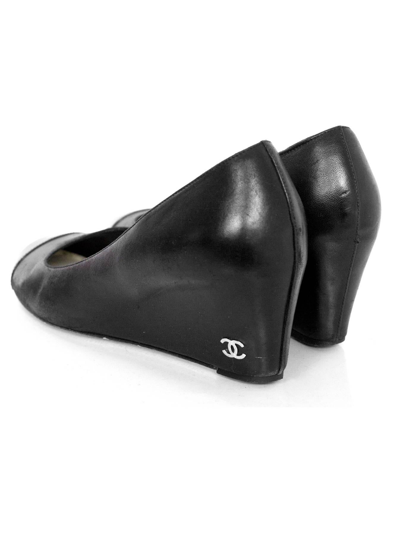 Women's Chanel Black Leather Cap-Toe Wedges Sz 37.5