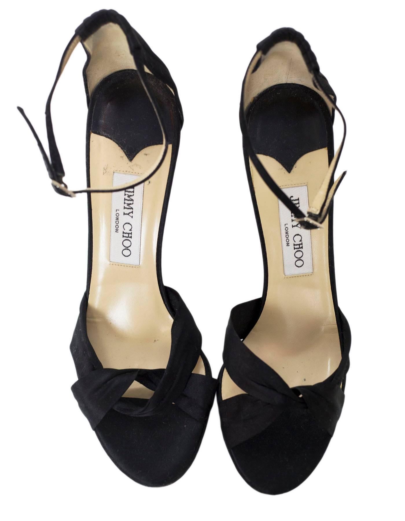 Jimmy Choo Black Satin Evening Sandals Sz 39.5 with DB In Good Condition In New York, NY