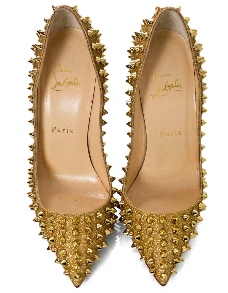 Christian Louboutin Gold Spiked Pigalle Follies 120 Pumps Sz 38 with DB For Sale at 1stDibs