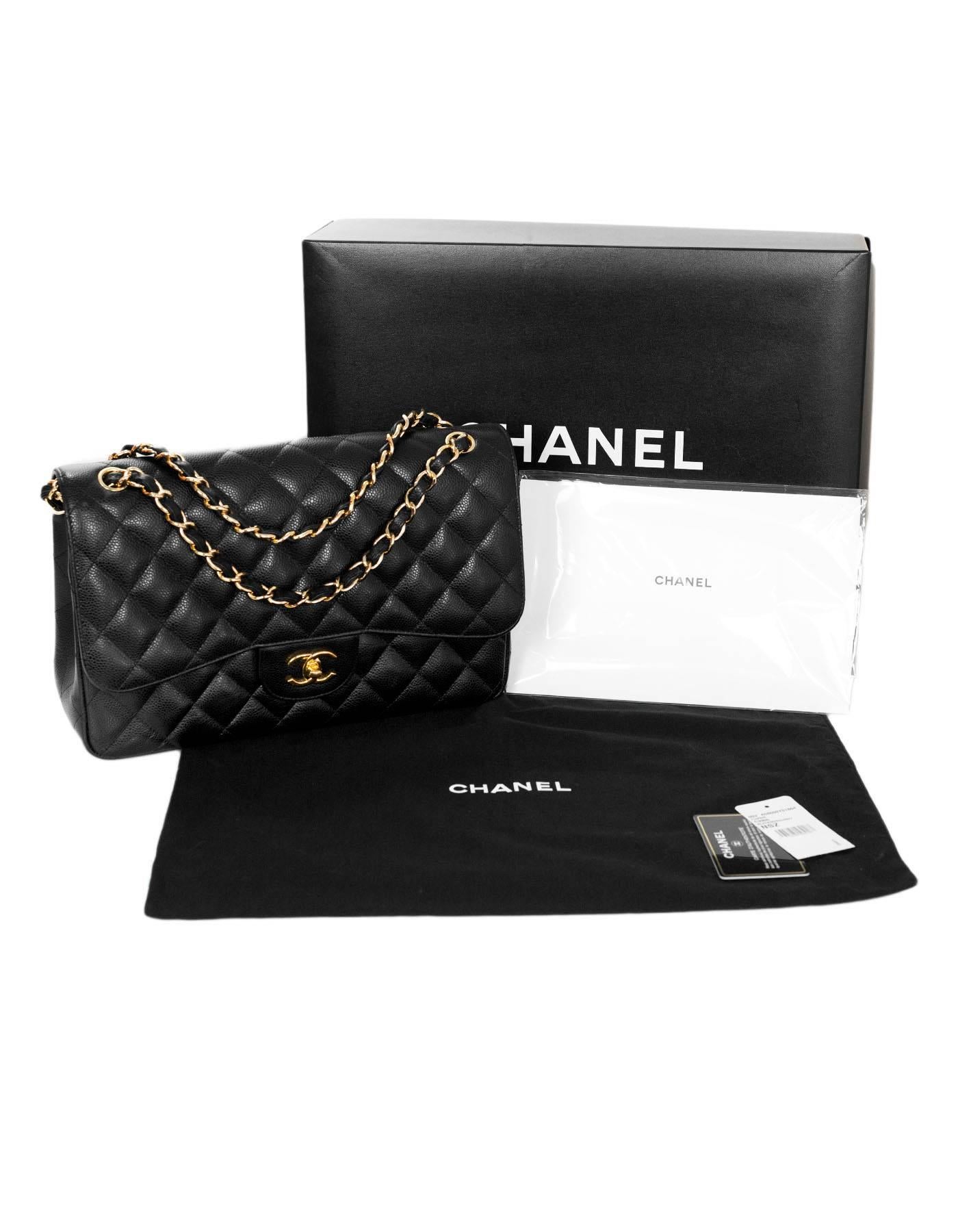 Chanel Black Quilted Caviar Leather Jumbo Double Flap Classic Bag with Card 6