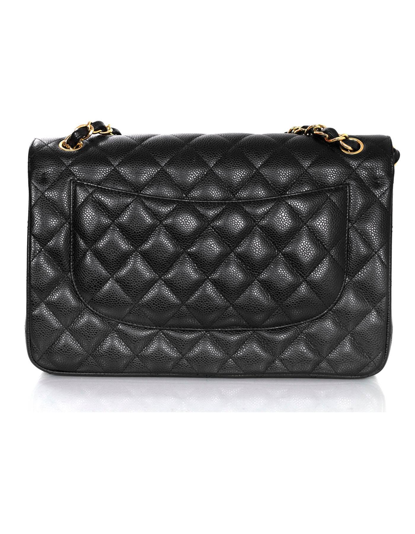 Chanel Black Quilted Caviar Leather Jumbo Double Flap Classic Bag with Card In Excellent Condition In New York, NY