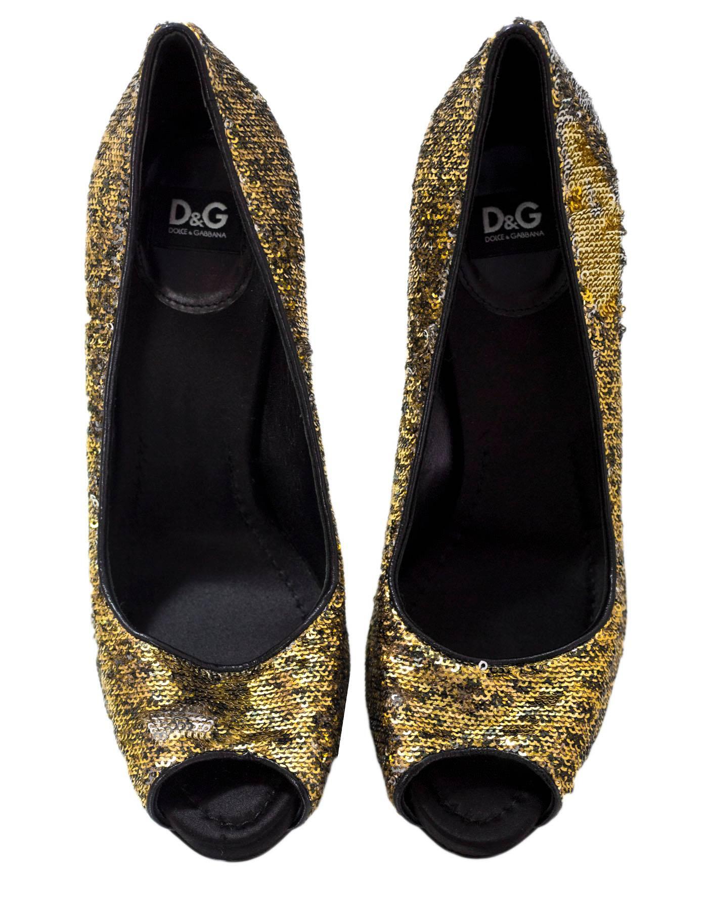 Brown D&G Dolce & Gabbana Gold Sequin Pee-Toe Pumps Size 38