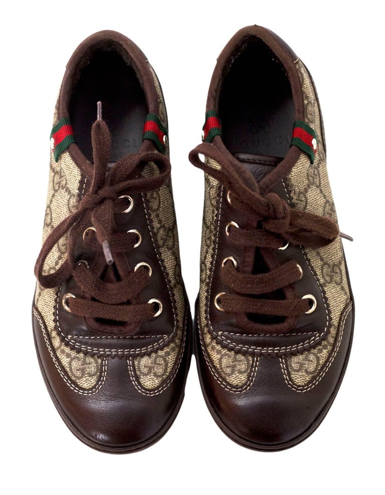 Gucci Children&#39;s Brown Monogram Sneakers with Dust Bag Size 32 For Sale at 1stdibs