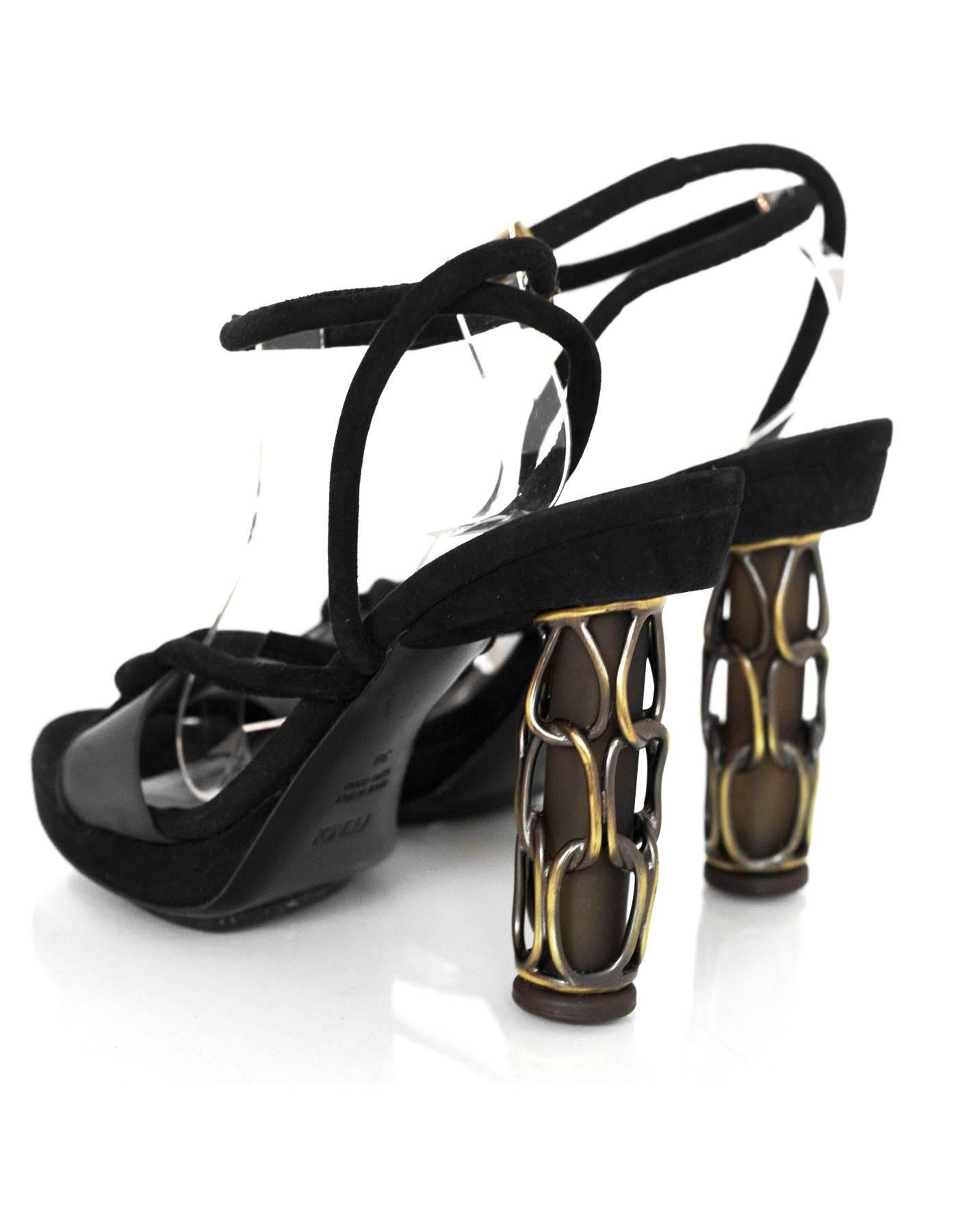 Fendi Black Suede Sandals with Caged Heels Sz 38 In Excellent Condition In New York, NY