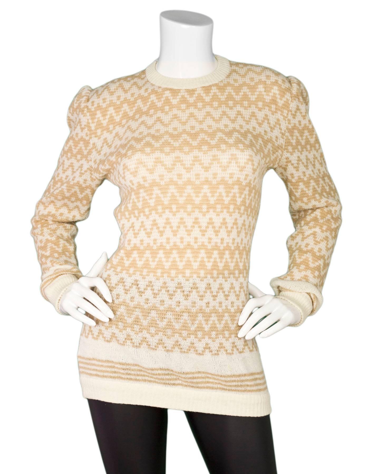 Valentino Vintage Beige and Cream Sweater Sz M

Made In: Italy
Color: Beige, cream
Composition: 63% alpaca, 37% acrylic
Closure/Opening: Pull over
Overall Condition: Excellent vintage pre-owned condition, small stain and and pull
Marked Size: