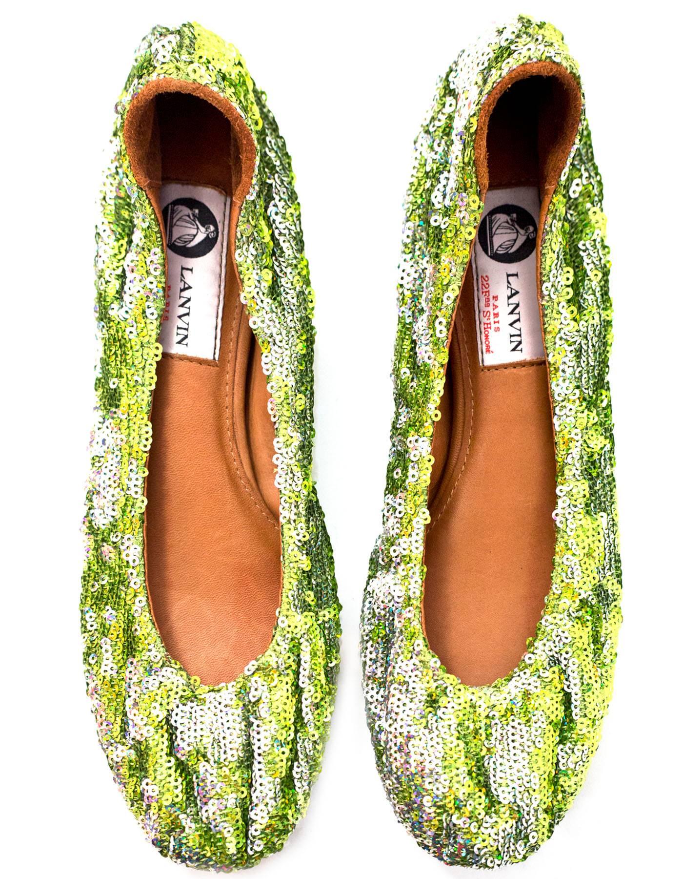 Brown Lanvin Green Sequin Flats Sz 38.5 NEW with DB