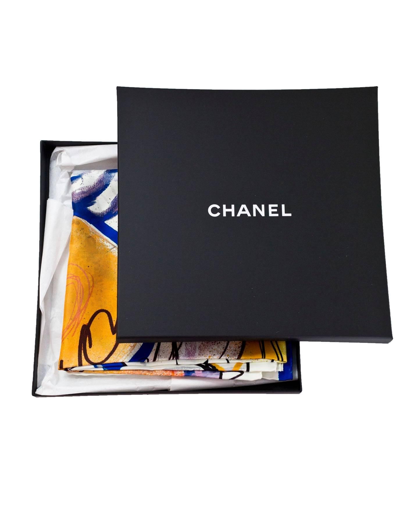 Chanel White Blue and Yellow Graffiti Silk Scarf NWT, 2015 3