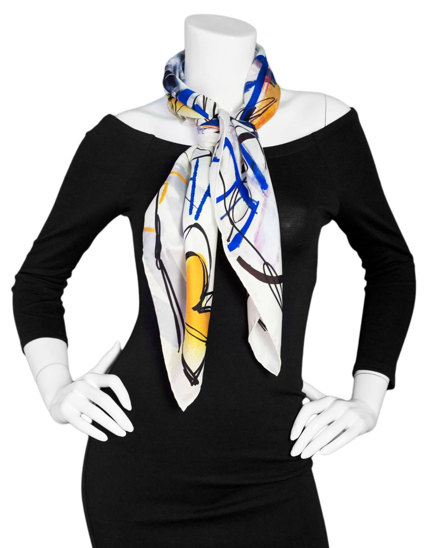 Beige Chanel White Blue and Yellow Graffiti Silk Scarf NWT, 2015