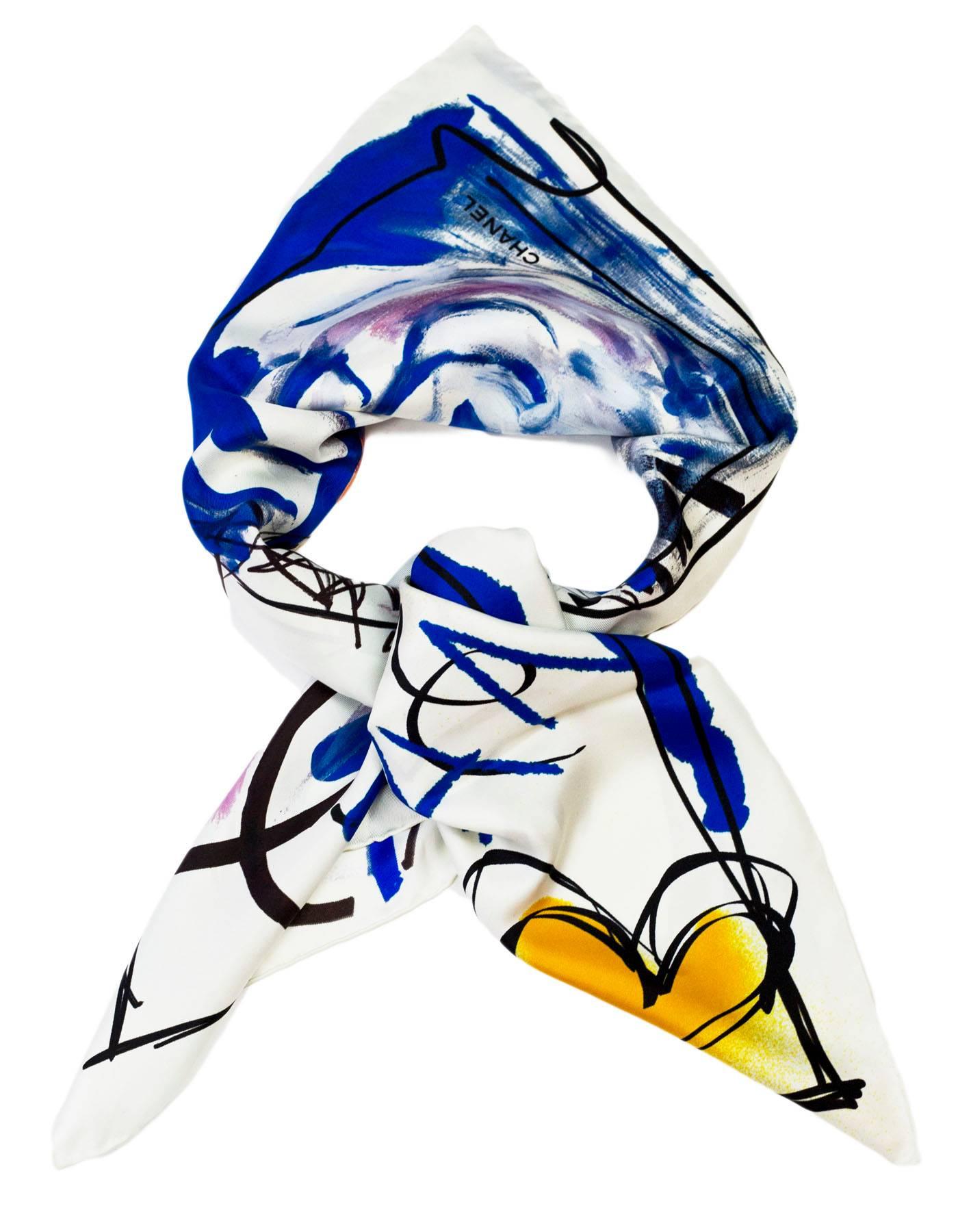 Chanel 2015 White, Blue & Yellow Graffiti Silk Scarf NWT

Made In: Italy
Color: White, blue, yellow
Composition: 100% Silk
Overall Condition: Excellent pre-owned condition, NWT
Included: Chanel box, tag

Measurements:
Length: 35"
Width: