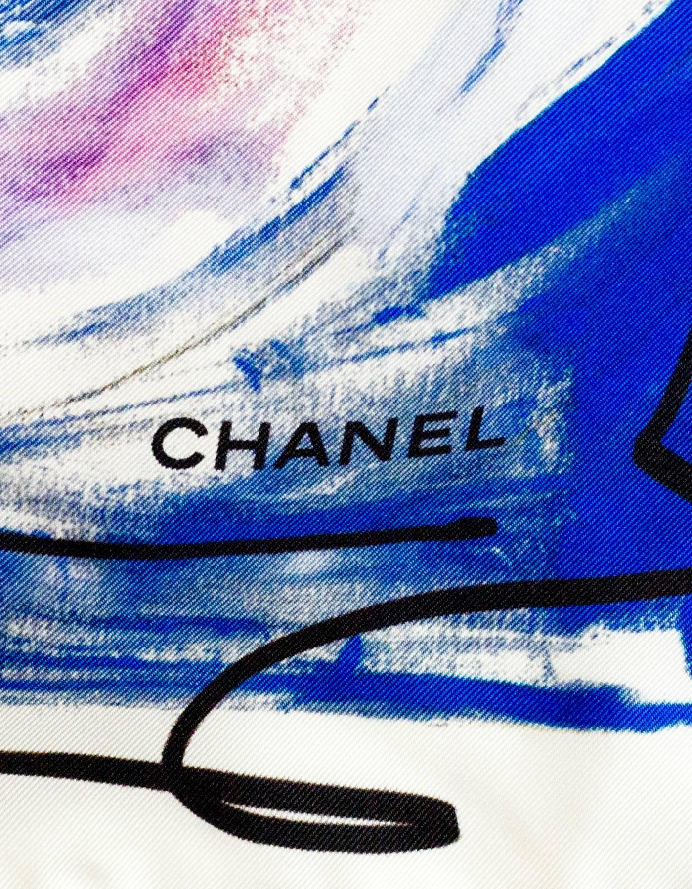 Chanel White Blue and Yellow Graffiti Silk Scarf NWT, 2015 In Excellent Condition In New York, NY