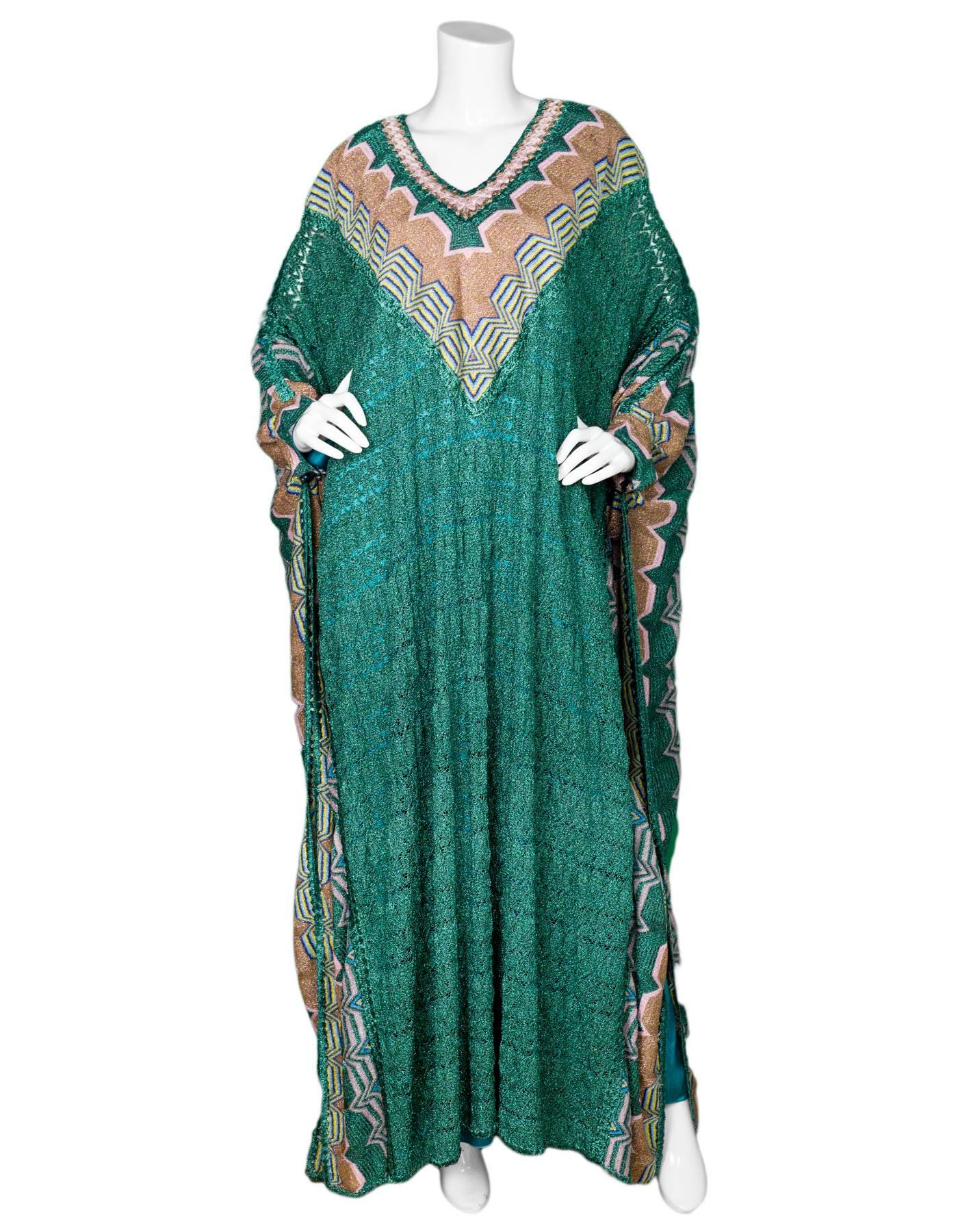 Missoni Green & Pink Metallic Kaftan Sz IT48 NWT

Made In: Italy
Color: Green, pink
Composition: 45% viscose, 35% rayon, 20% polyester
Lining: Green slip
Closure/Opening: Pull over
Retail Price: $2,190 + tax
Overall Condition: Excellent pre-owned