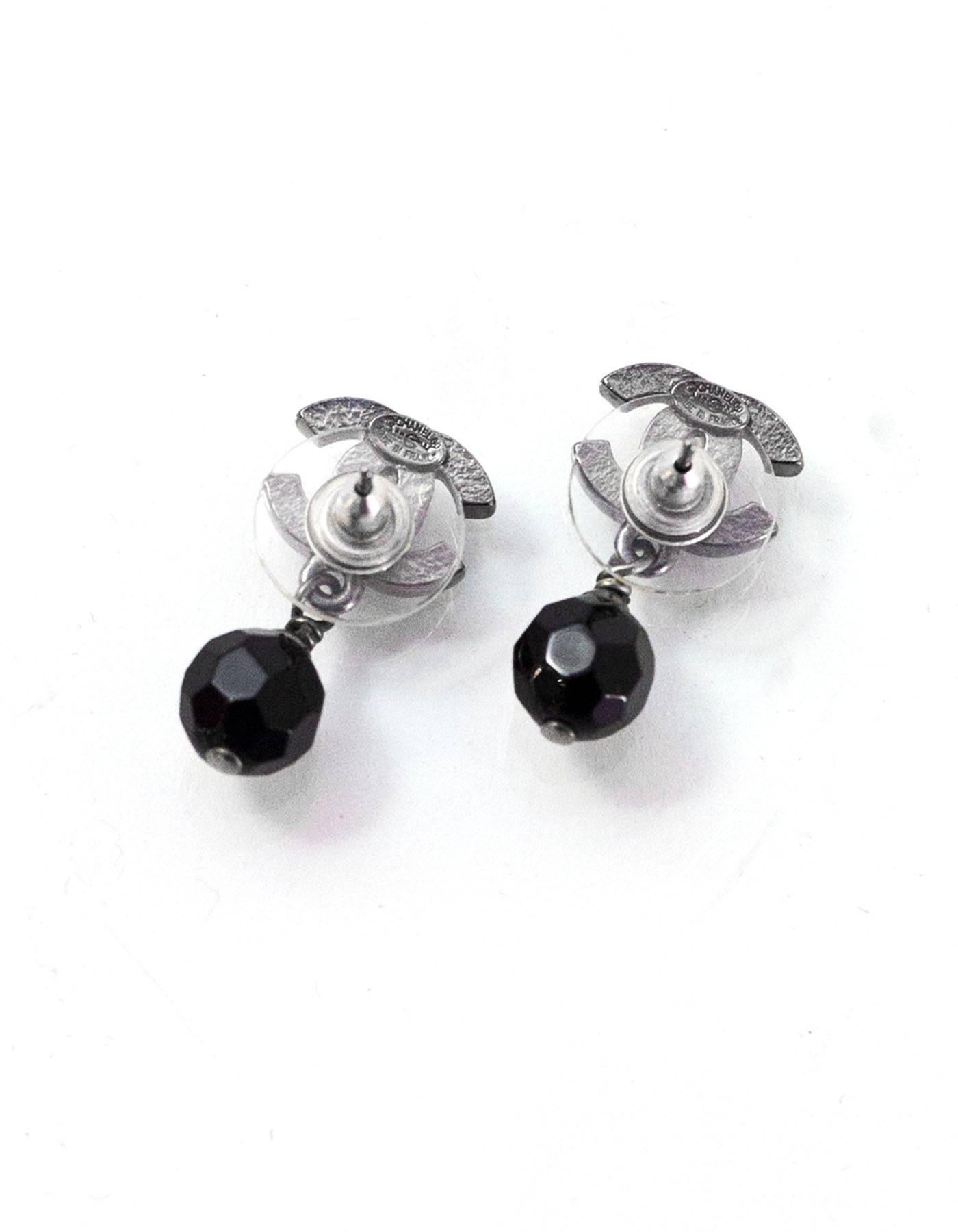 Chanel CC Black Drop Pierced Earrings with Box In Excellent Condition In New York, NY
