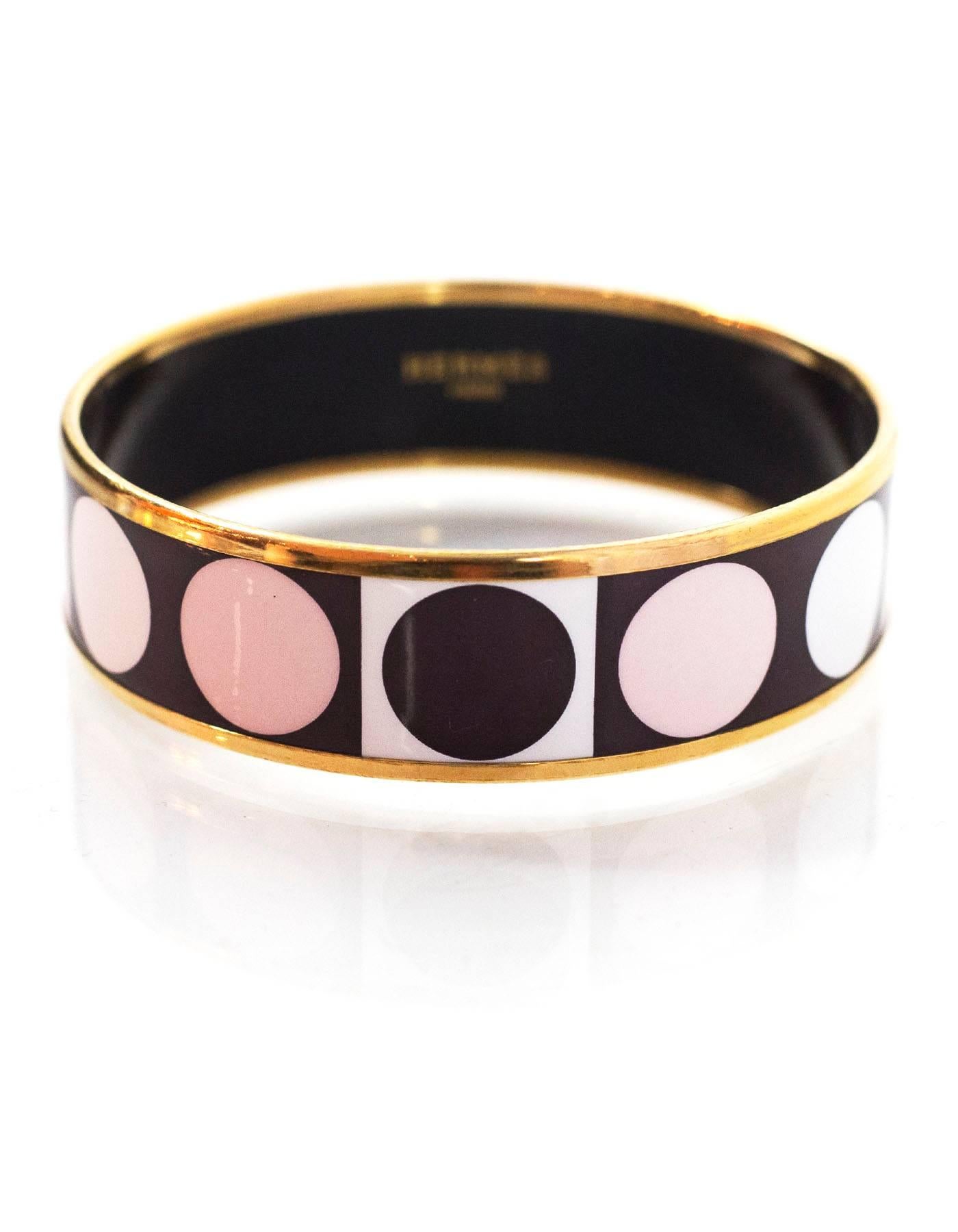 Women's Hermes Brown, Pink & White Dot Wide Enamel Bangle  Bracelet Sz 65/Small