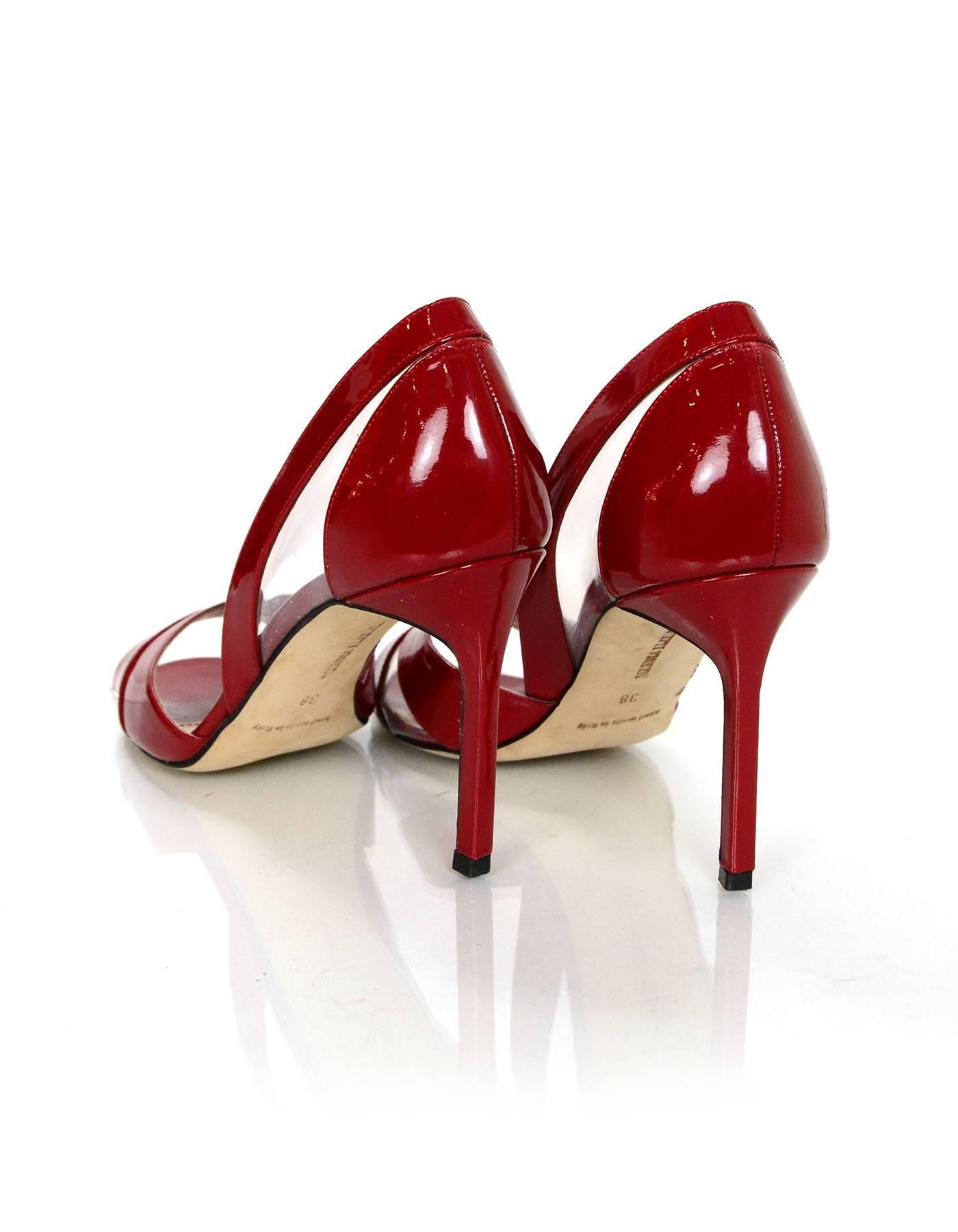 Manolo Blahnik Red Patent Open-Toe d'Orsay Pumps Sz 38 with Box In Excellent Condition In New York, NY