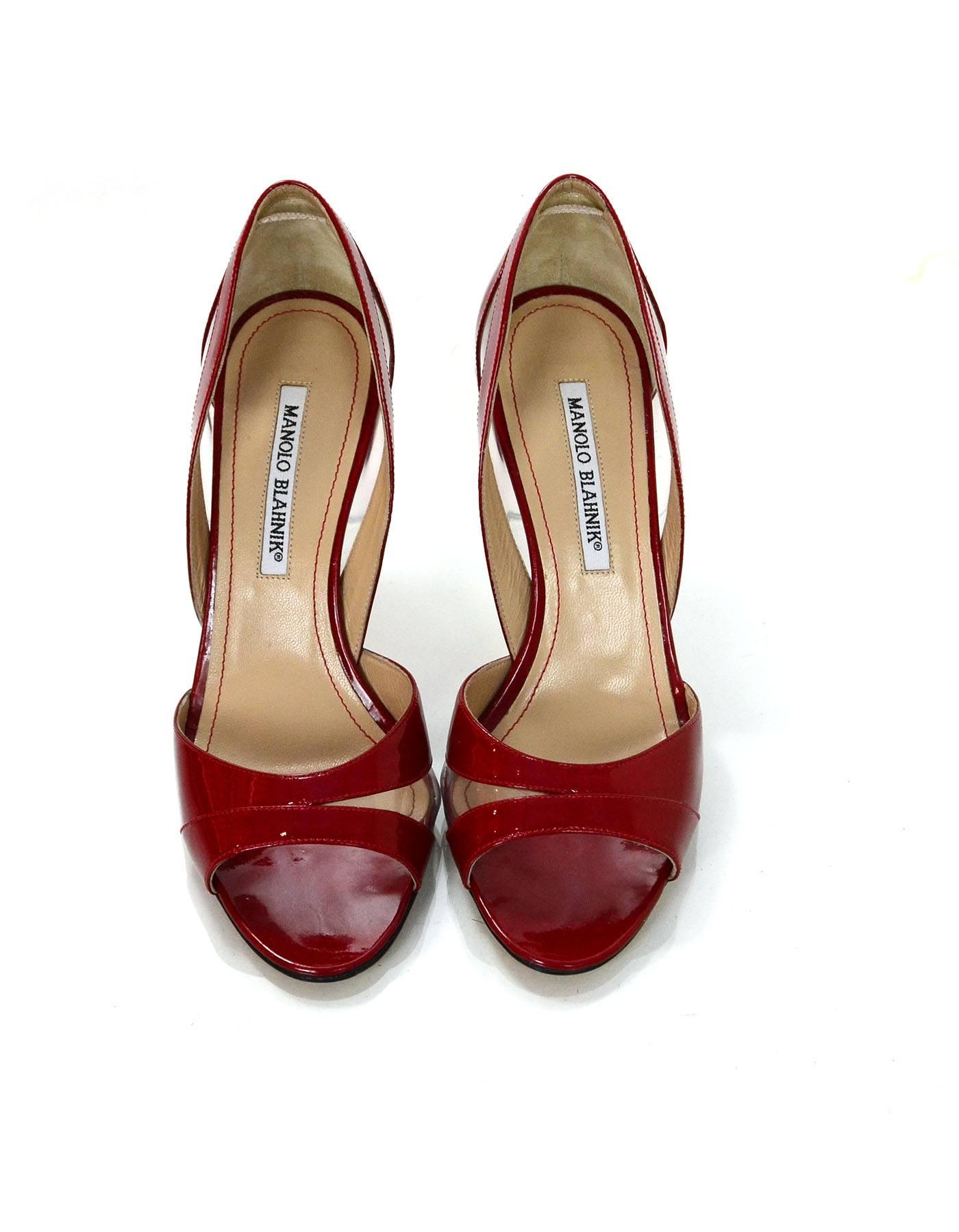 Brown Manolo Blahnik Red Patent Open-Toe d'Orsay Pumps Sz 38 with Box