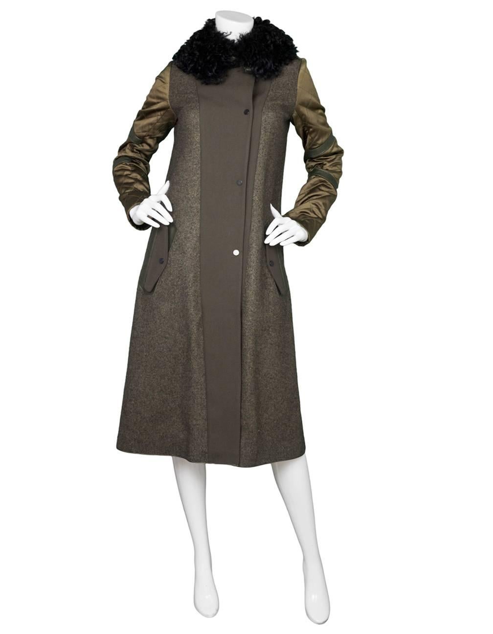 Belstaff Wool Coat & Curly Lamb Fur Coat Sz IT38
Features leather trim

Made In: Italy
Color: Brown
Composition: 80% wool, 20% nylon
Lining: None
Closure/Opening: Front button closure
Exterior Pockets: Two hip flap pockets
Interior Pockets:
