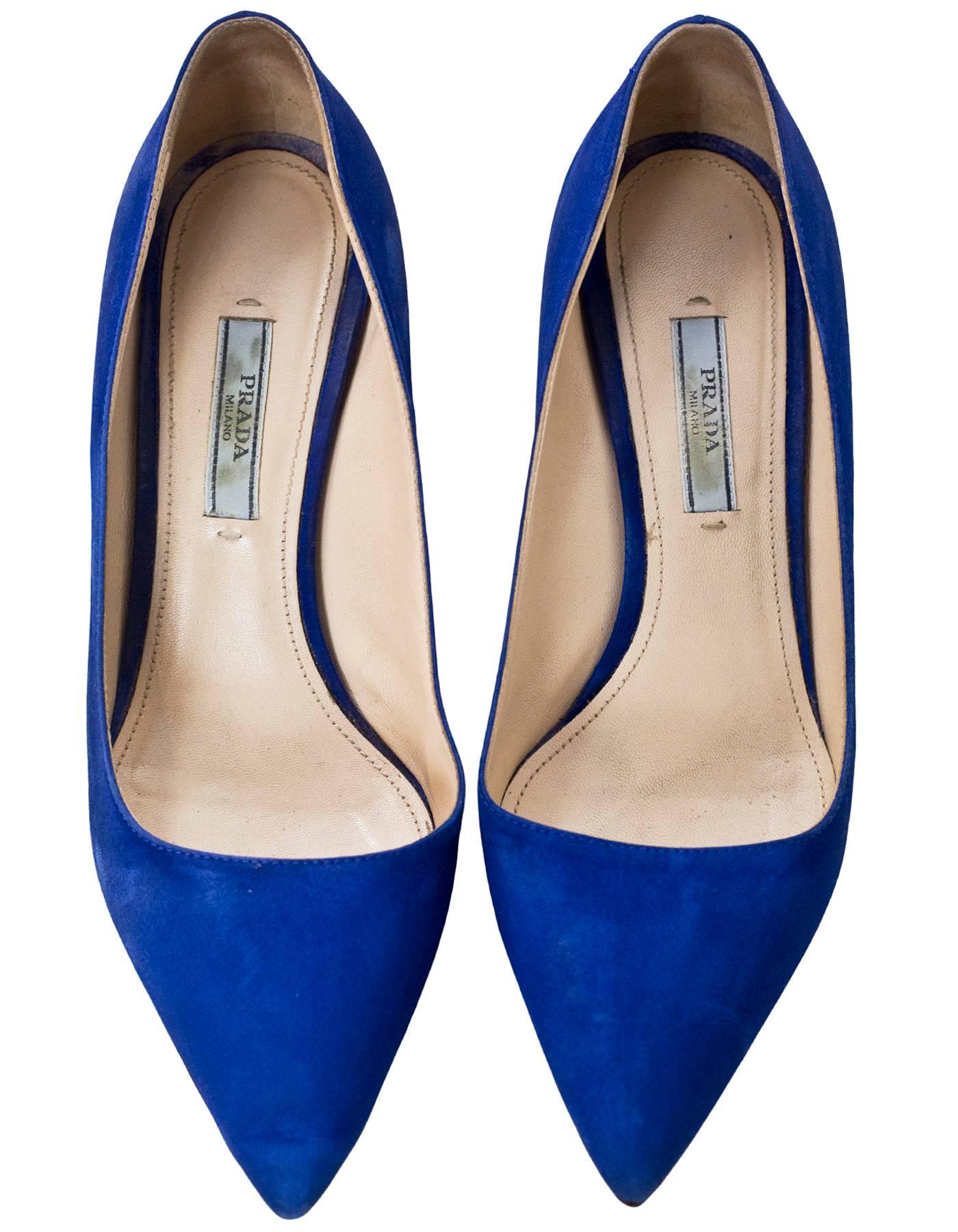 Prada Blue Suede Pumps Sz 37.5 In Good Condition In New York, NY