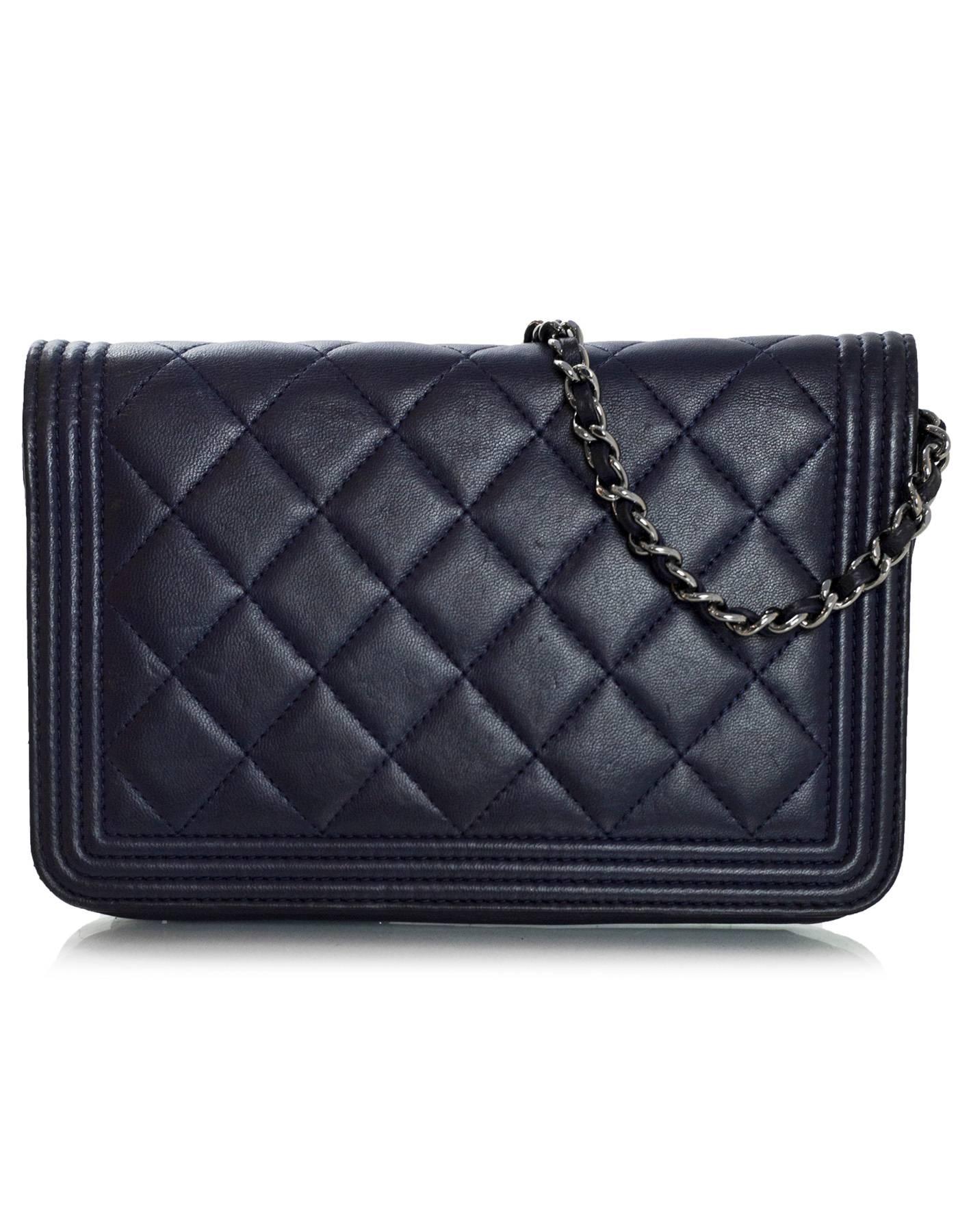 Chanel Navy Quilted Lambskin Boy Wallet On Chain WOC Bag In Good Condition In New York, NY