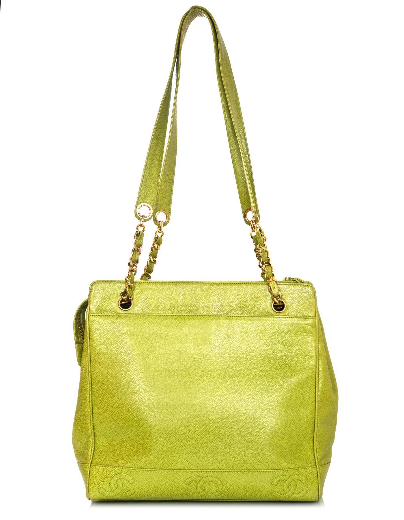 Brown Chanel Vintage Green Caviar Leather CC Tote Bag