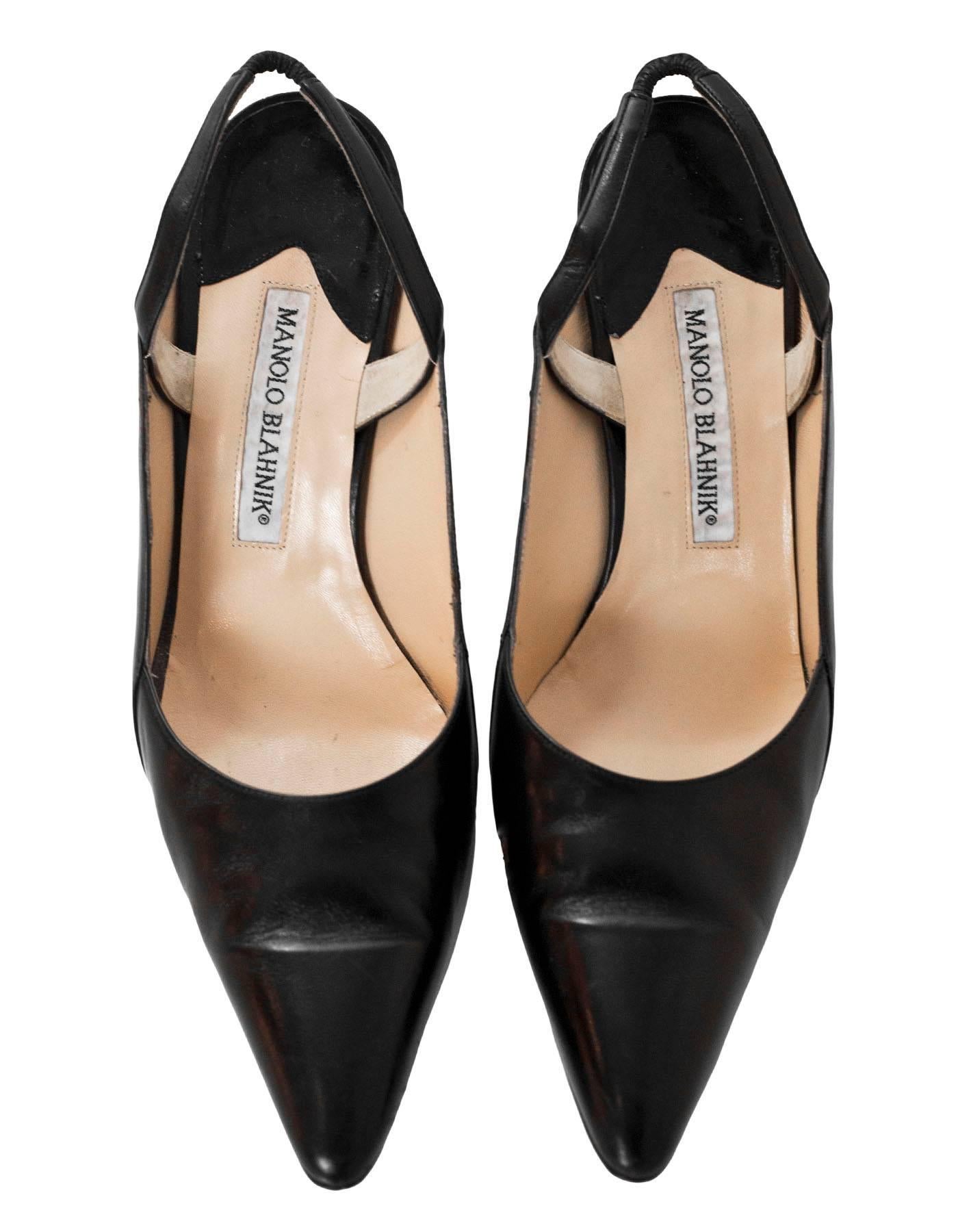 Manolo Blahnik Black & Brown Leather Slingback Pumps Sz 37.5 with DB In Excellent Condition In New York, NY