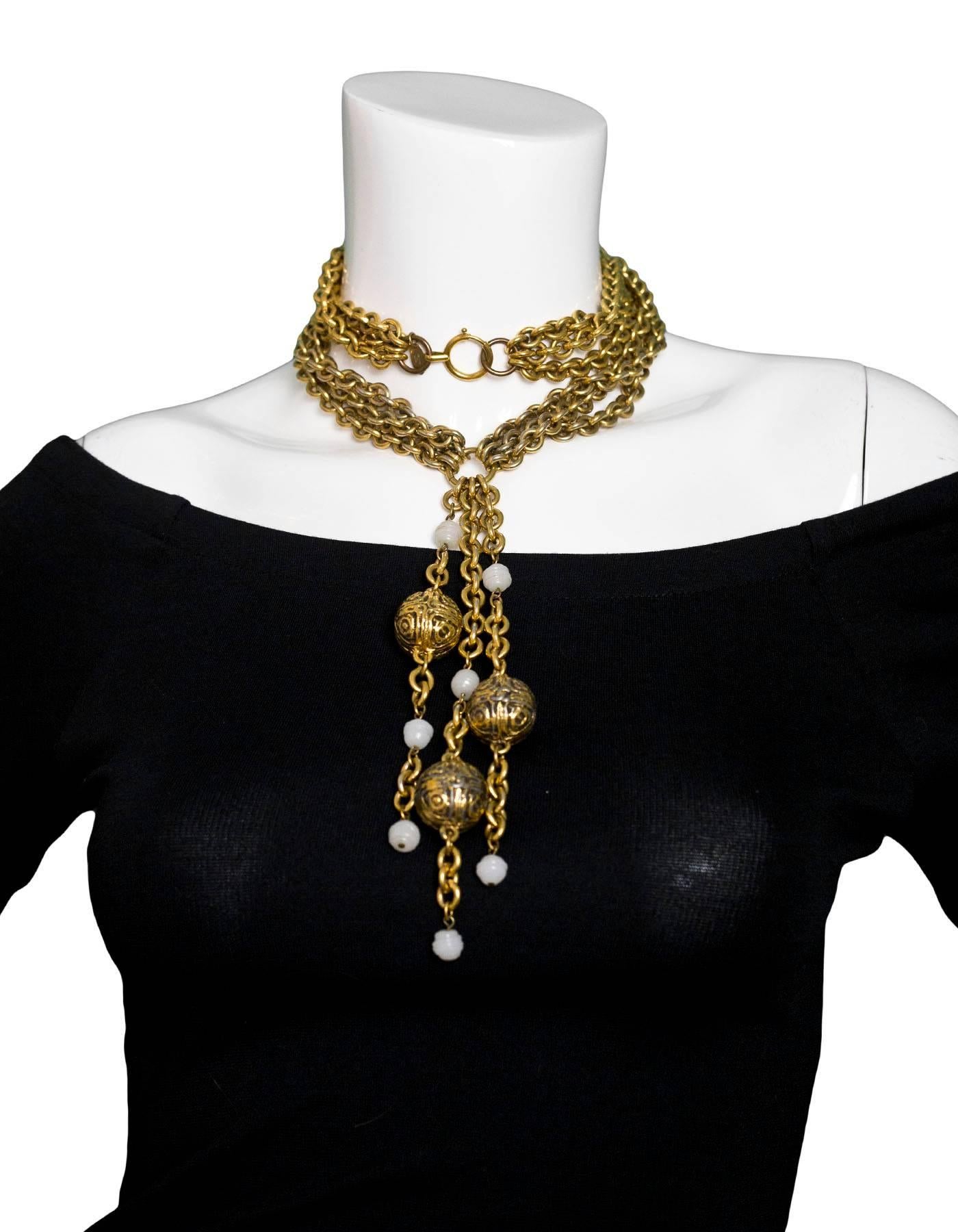Chanel 1985 Vintage Goldtone Triple-Chain Ball Necklace In Excellent Condition In New York, NY