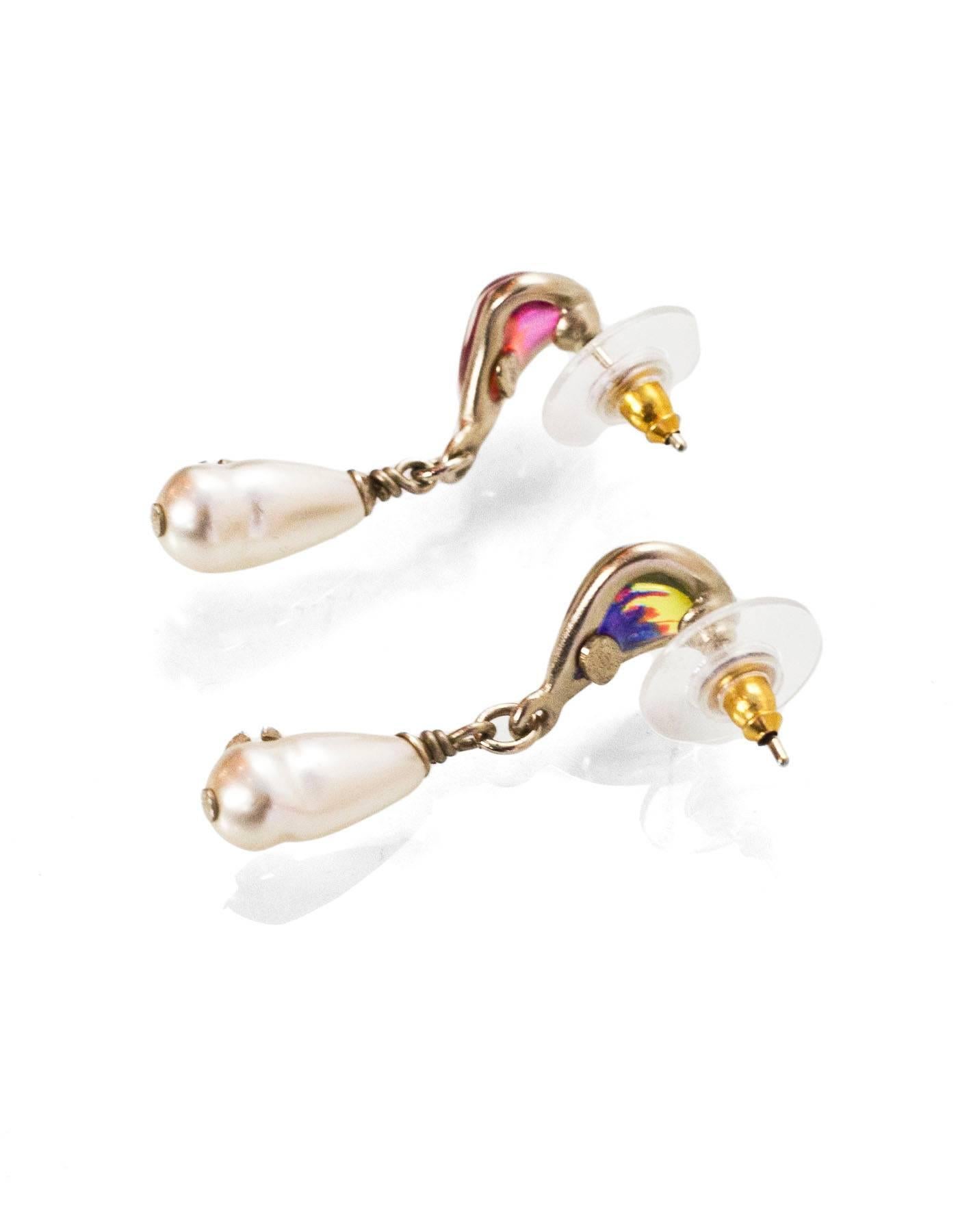 Women's Chanel Holographic Glass & Pearl Drop Pierced Earrings with Box