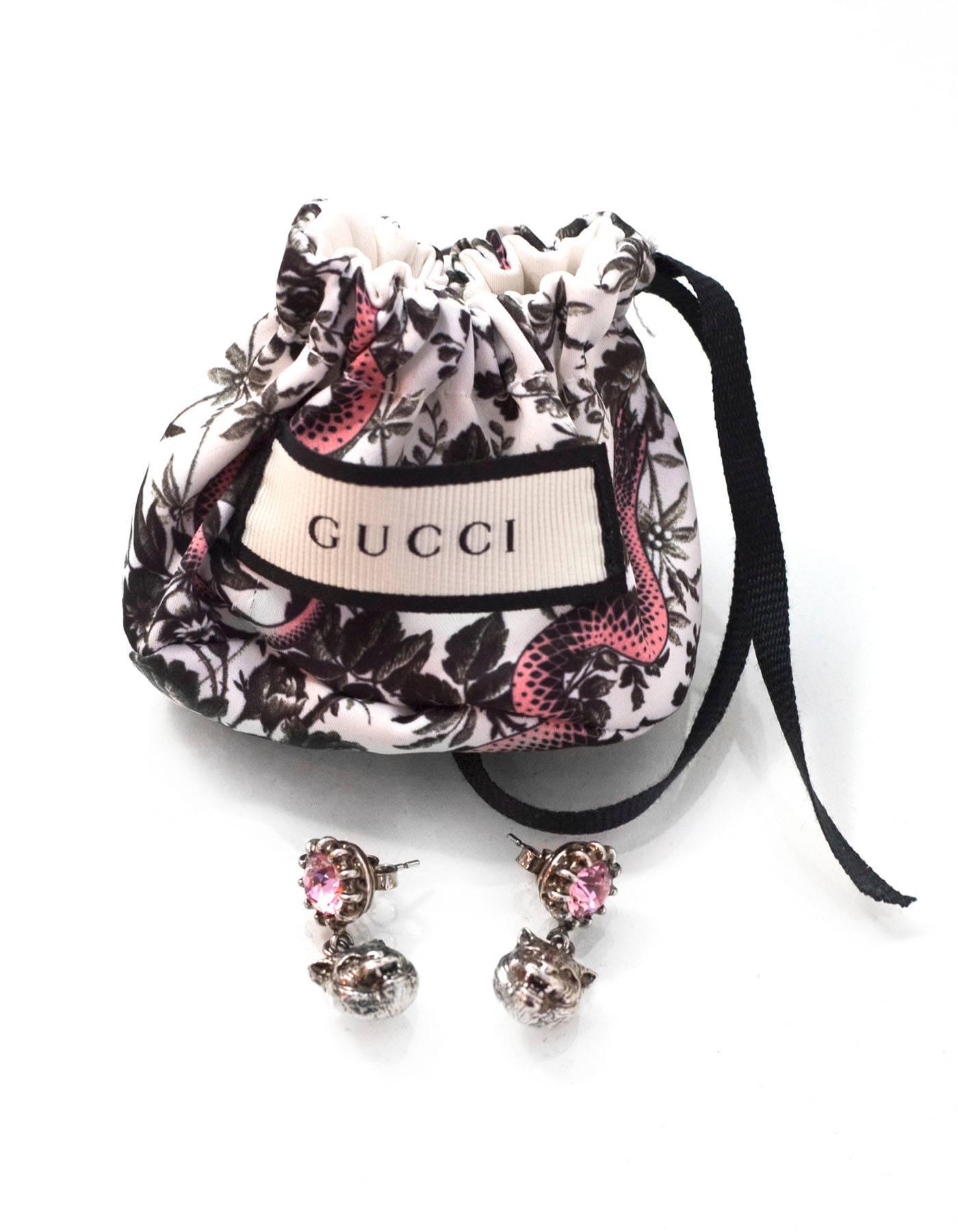 Gucci 2017 Pink Crystal Stud Earrings with Feline Head In Excellent Condition In New York, NY