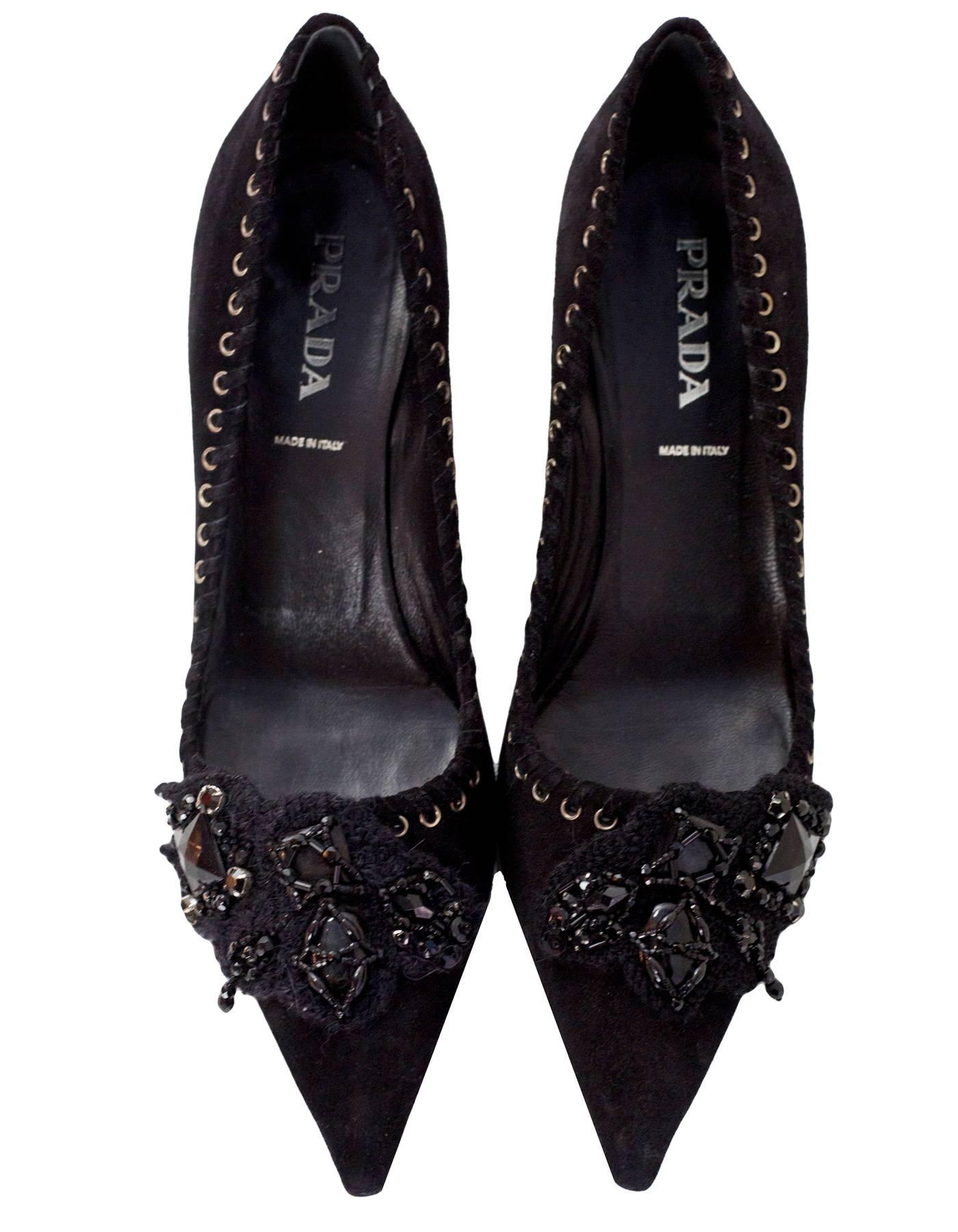 Prada Black Suede & Beaded Pumps Sz 37.5 In Excellent Condition In New York, NY