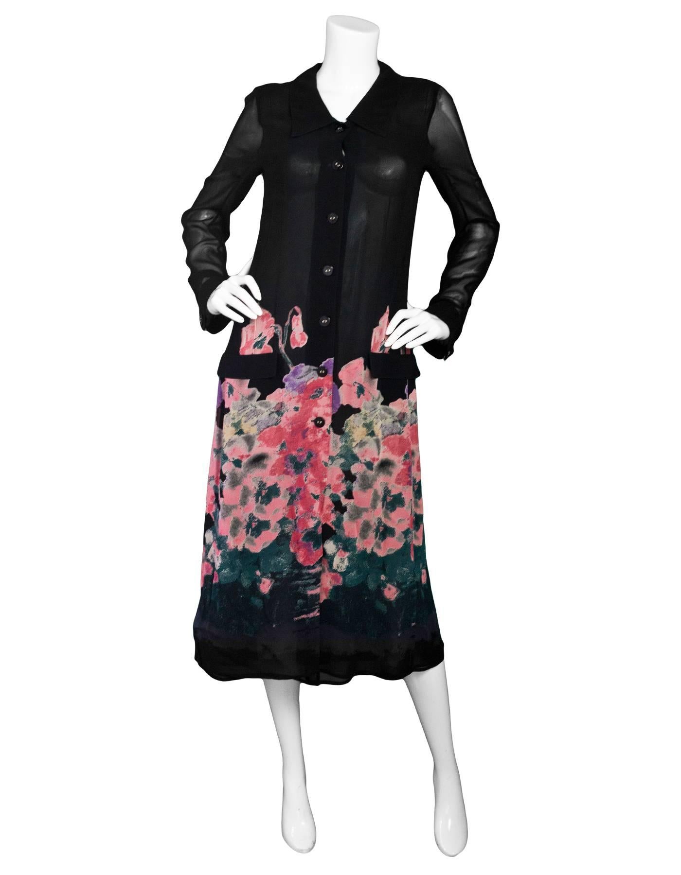 Sonia Rykiel Black & Pink Floral Sheer Duster/Dress Sz M

Made In: France
Color: Black, pink
Composition: Not listed, feels like silk blend
Lining: None
Closure/Opening: Front button closure
Exterior Pockets: Faux flap pockets
Overall Condition: