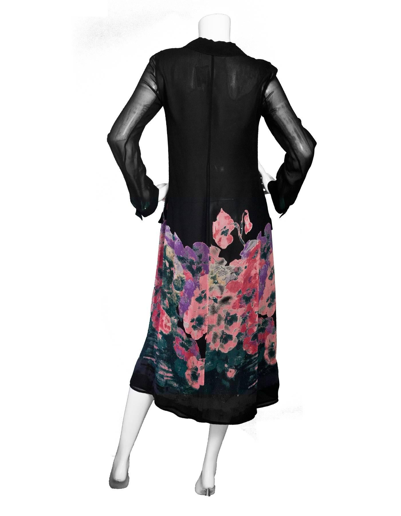 Sonia Rykiel Black & Pink Floral Sheer Duster/Dress Sz M In Excellent Condition In New York, NY