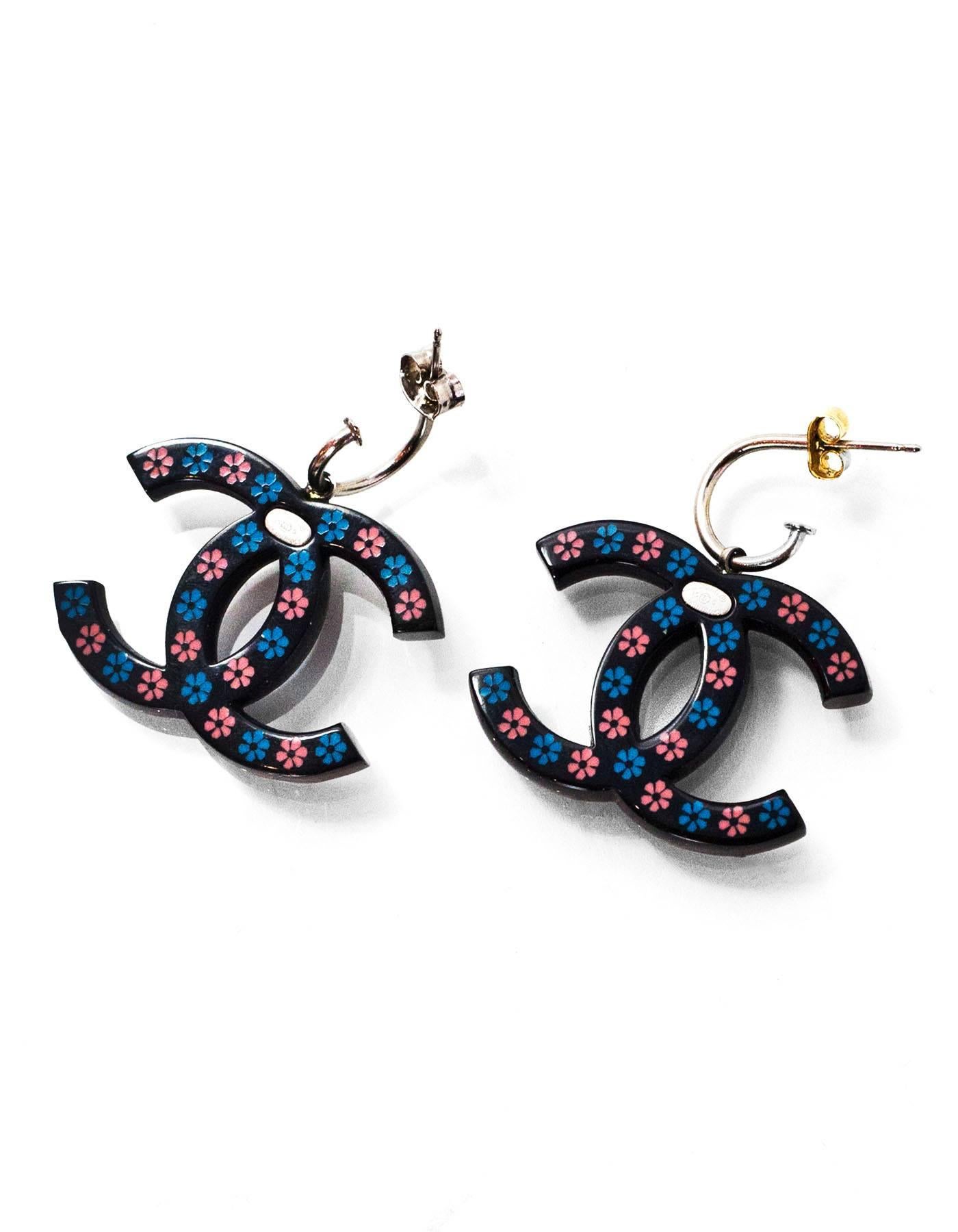 Women's Chanel Black, Blue & Pink Floral CC Pierced Earrings