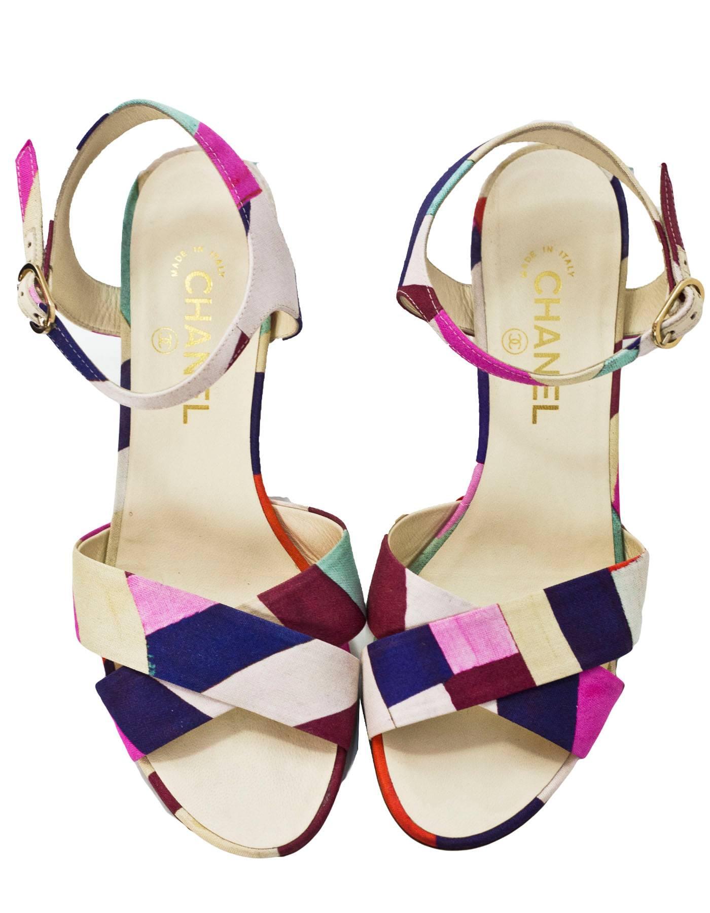 Beige Chanel Multi-Color Canvas Sandals Sz 40