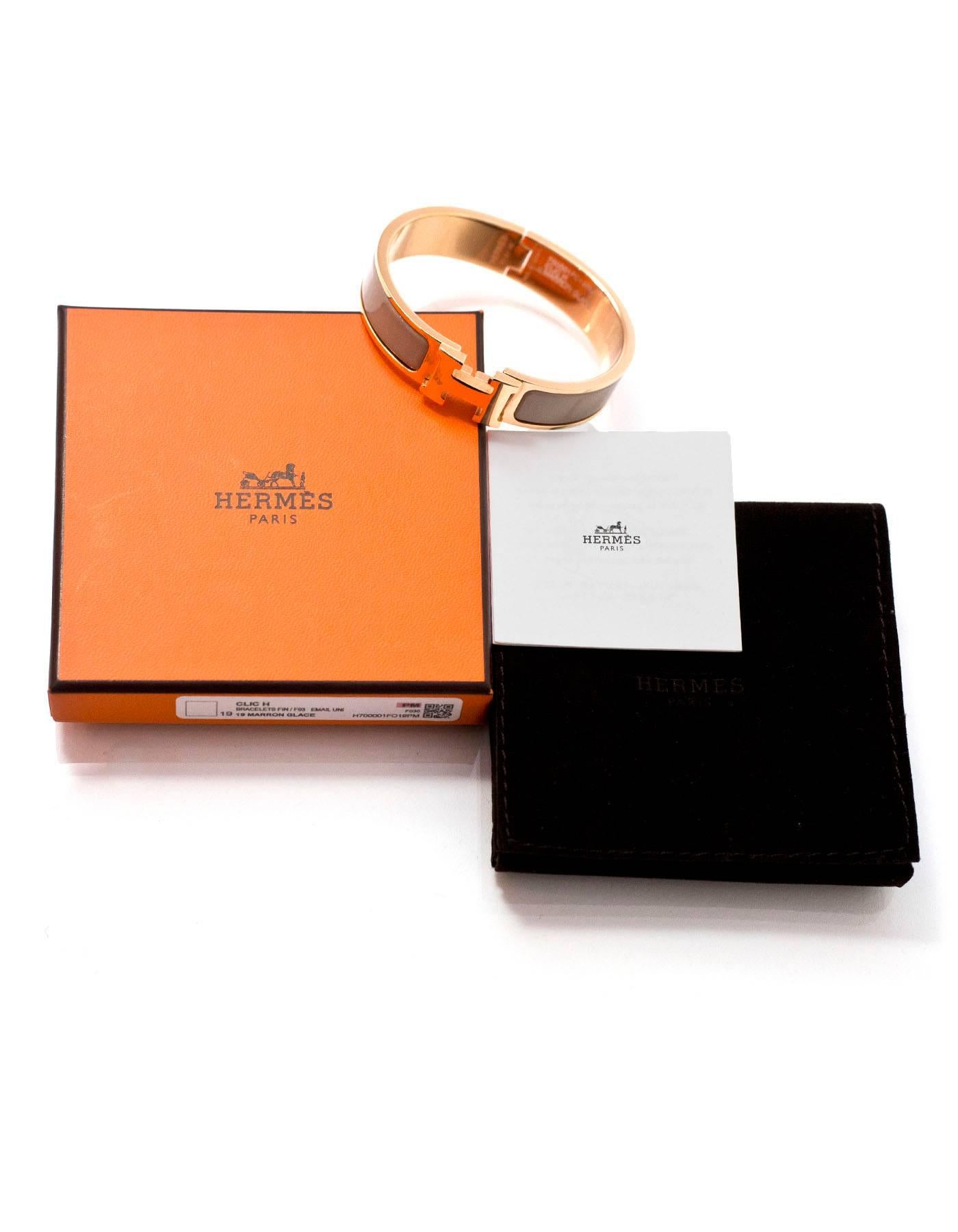Women's Hermes Rose Gold/Marron Glace Grey Enamel H Clic Clac PM Bangle with Box
