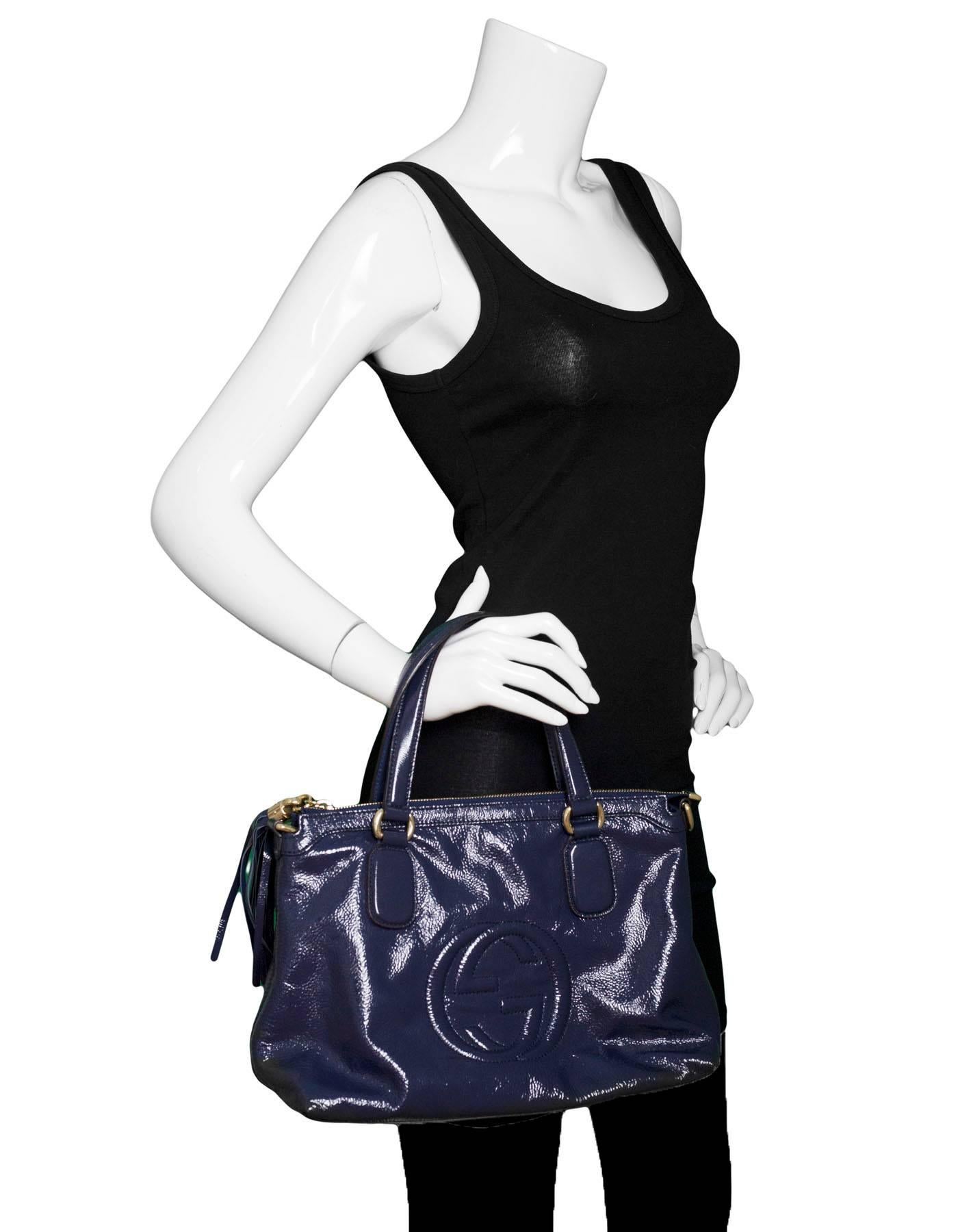 Black Gucci Navy Soft Patent Leather Soho Satchel Bag with Strap