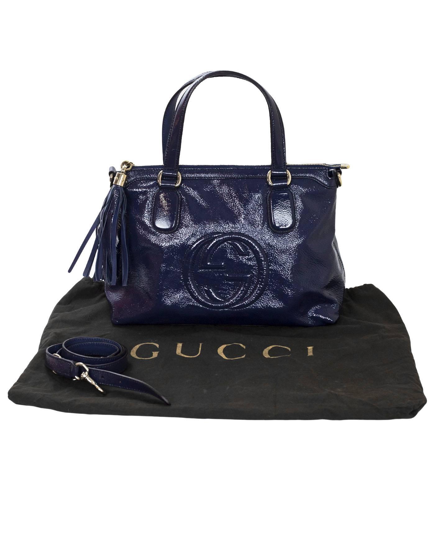 Gucci Navy Soft Patent Leather Soho Satchel Bag with Strap 5