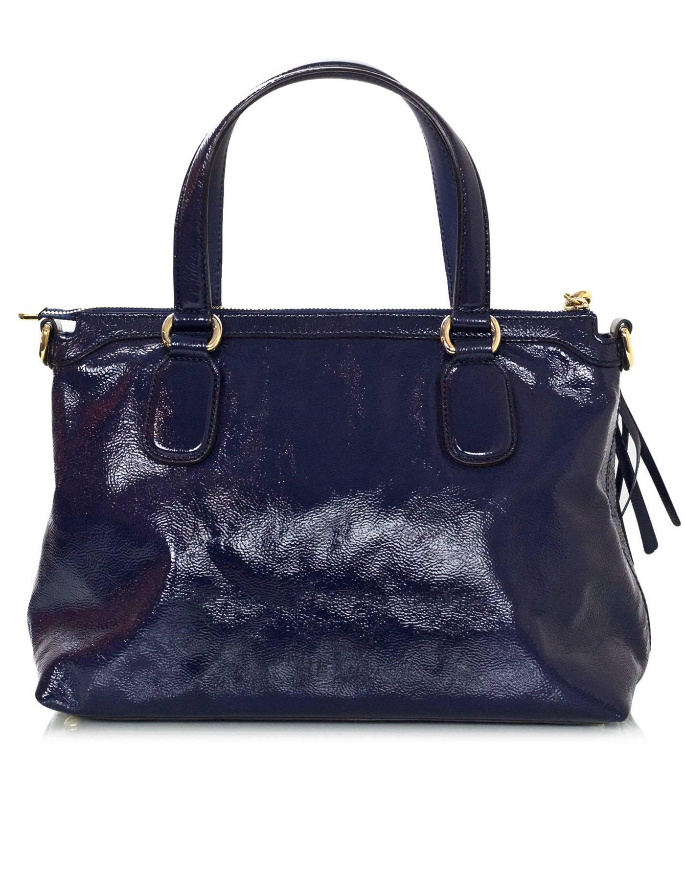Gucci Navy Soft Patent Leather Soho Satchel Bag with Strap In Excellent Condition In New York, NY
