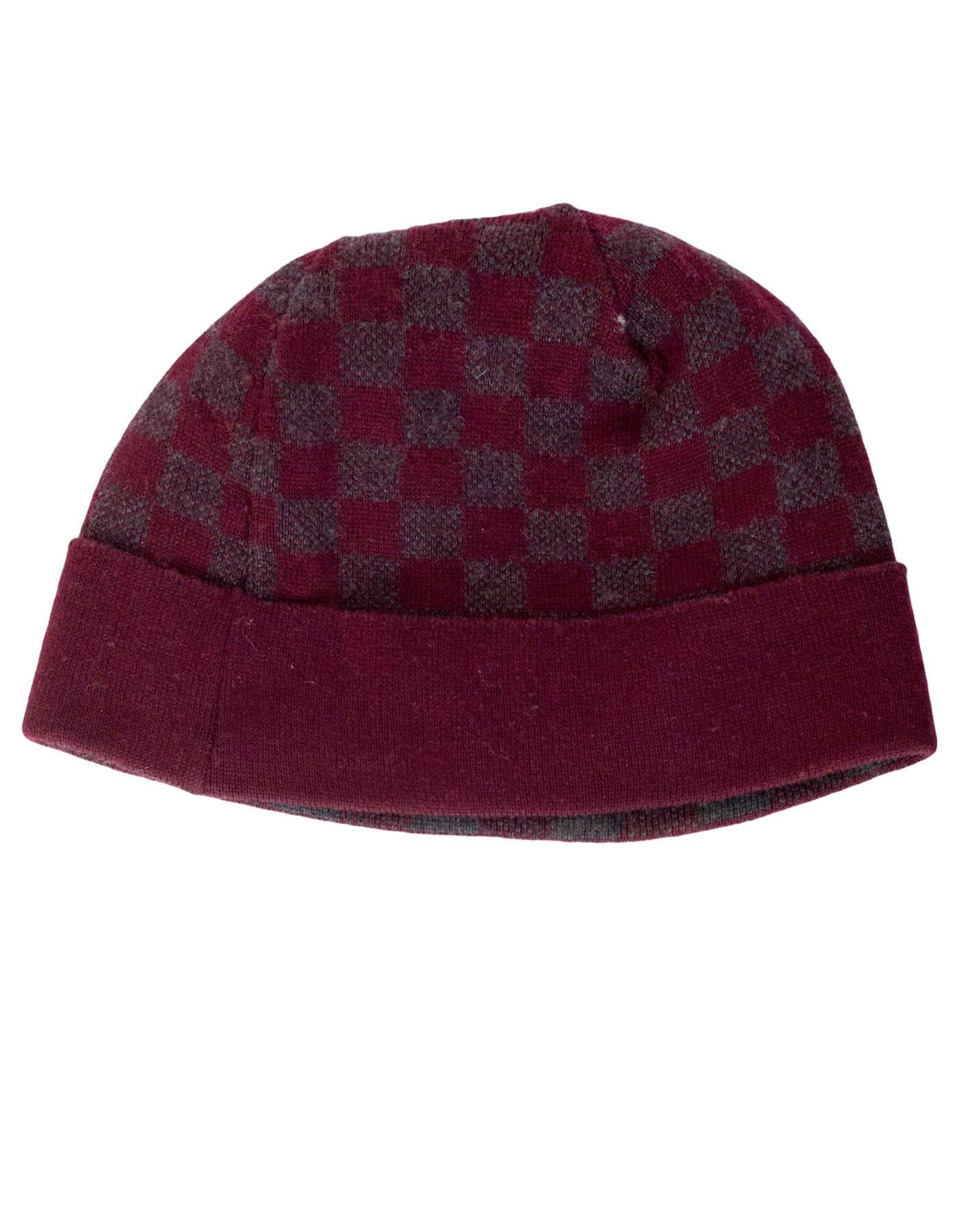 Louis Vuitton Burgundy & Grey Wool Bonnet Petit Damier Beanie
Features LV knit on front of beanie

Made In: Italy
Color: Beige and tan
Composition: 100% wool
Overall Condition: Excellent pre-owned condition

Measurements: 
Circumference: 22"