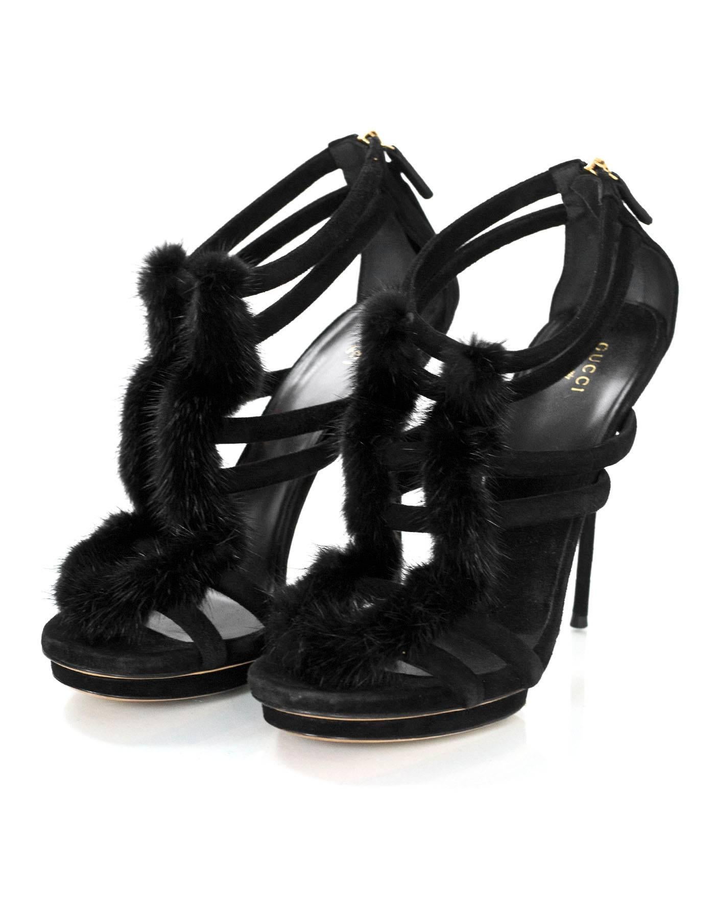 Gucci Black Suede & Mink Fur Strappy Sandals 
Features small suede wrapped platform

Made In: Italy
Color: Black 
Materials: Suede and mink fur
Closure/Opening: Back ankle zip up
Sole Stamp: Gucci Made in Italy 40 1/2
Overall Condition: Excellent