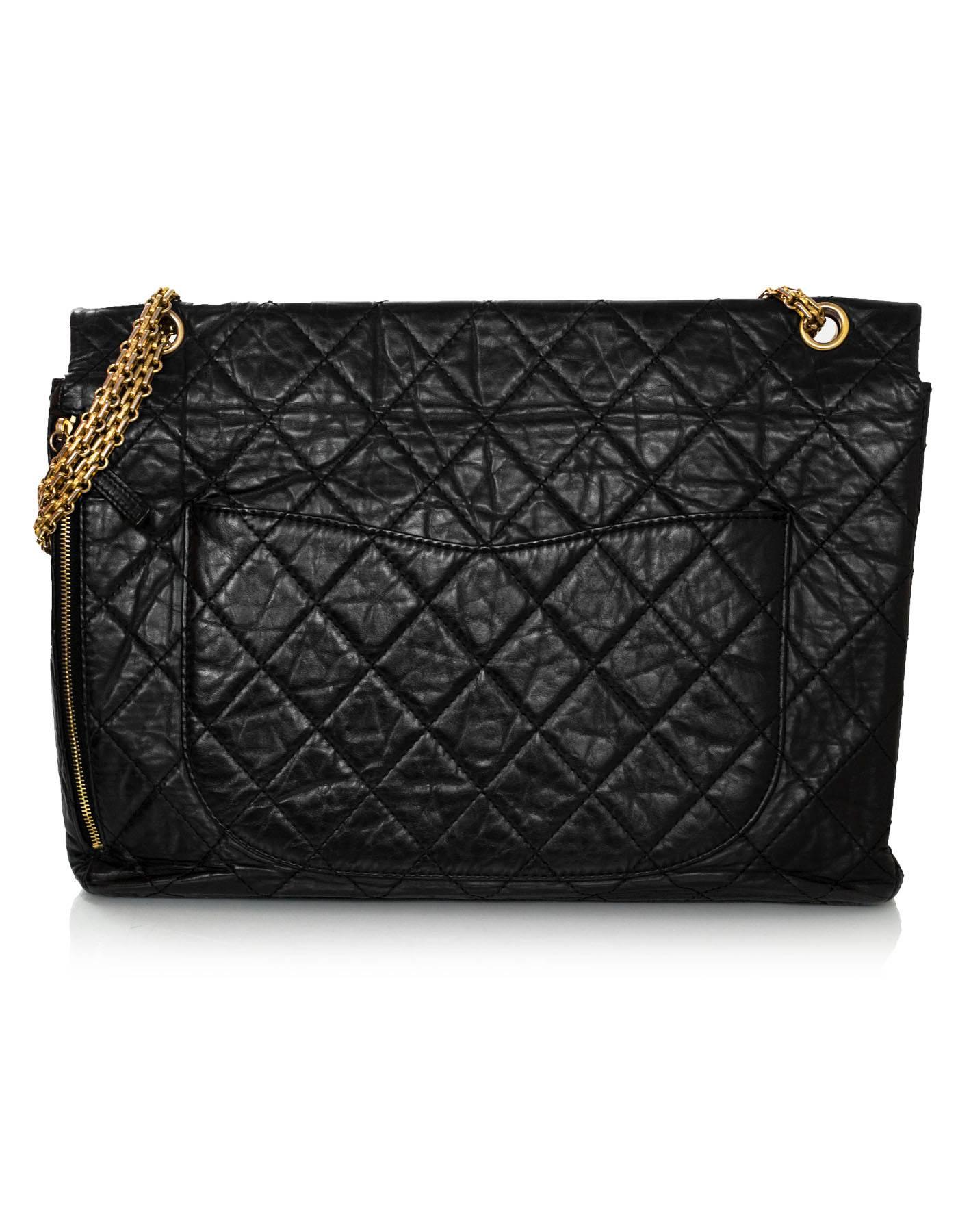 Chanel Black Distressed Calfskin Leather XL Reissue 2.55 Quilted Flap Bag In Good Condition In New York, NY