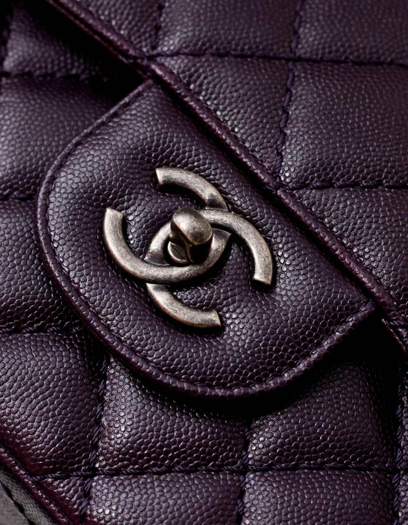 Chanel 2016 Dark Purple Quilted Caviar Jumbo Classic Double Flap Bag w/ Box In Excellent Condition In New York, NY