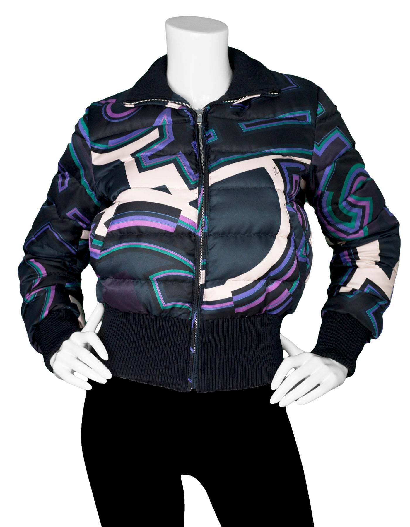Emilio Pucci Black Printed Puffer Jacket

Made In: Romania
Color: Black, purple, green and white
Composition: 100% polyester
Lining: Black, 58% nylon, 42% polyester
Closure/Opening: Zip down front closure
Exterior Pockets: Two hip pockets
Interior