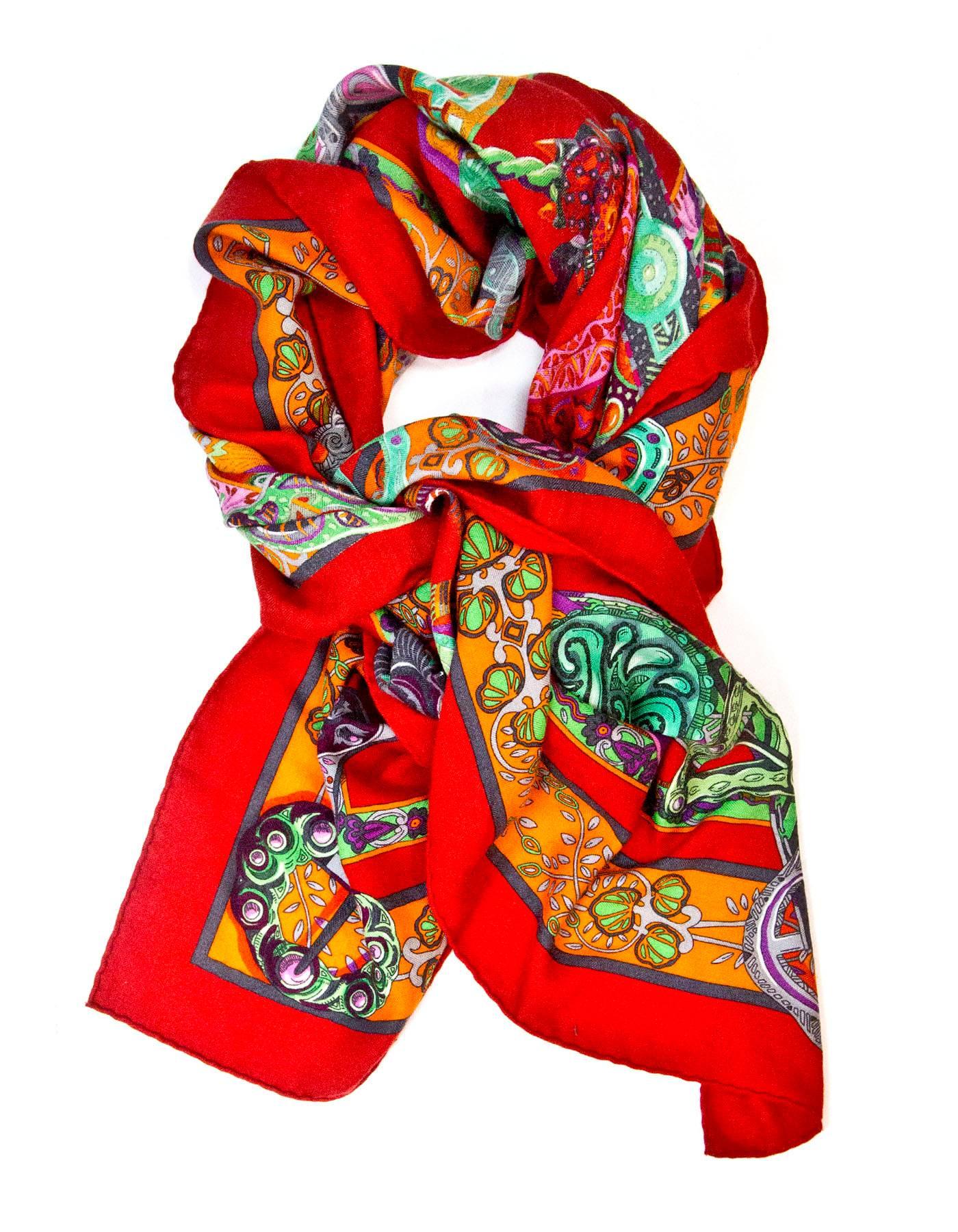 Hermes Red Cashmere & Silk Le Song a la Licorne Shawl

Made In: France
Color: Red, multi
Materials: 65% cashmere, 35% silk
Retail Price: $1,100 + tax
Overall Condition: Excellent pre-owned condition 

Measurements:
Length: 50"
Width:
