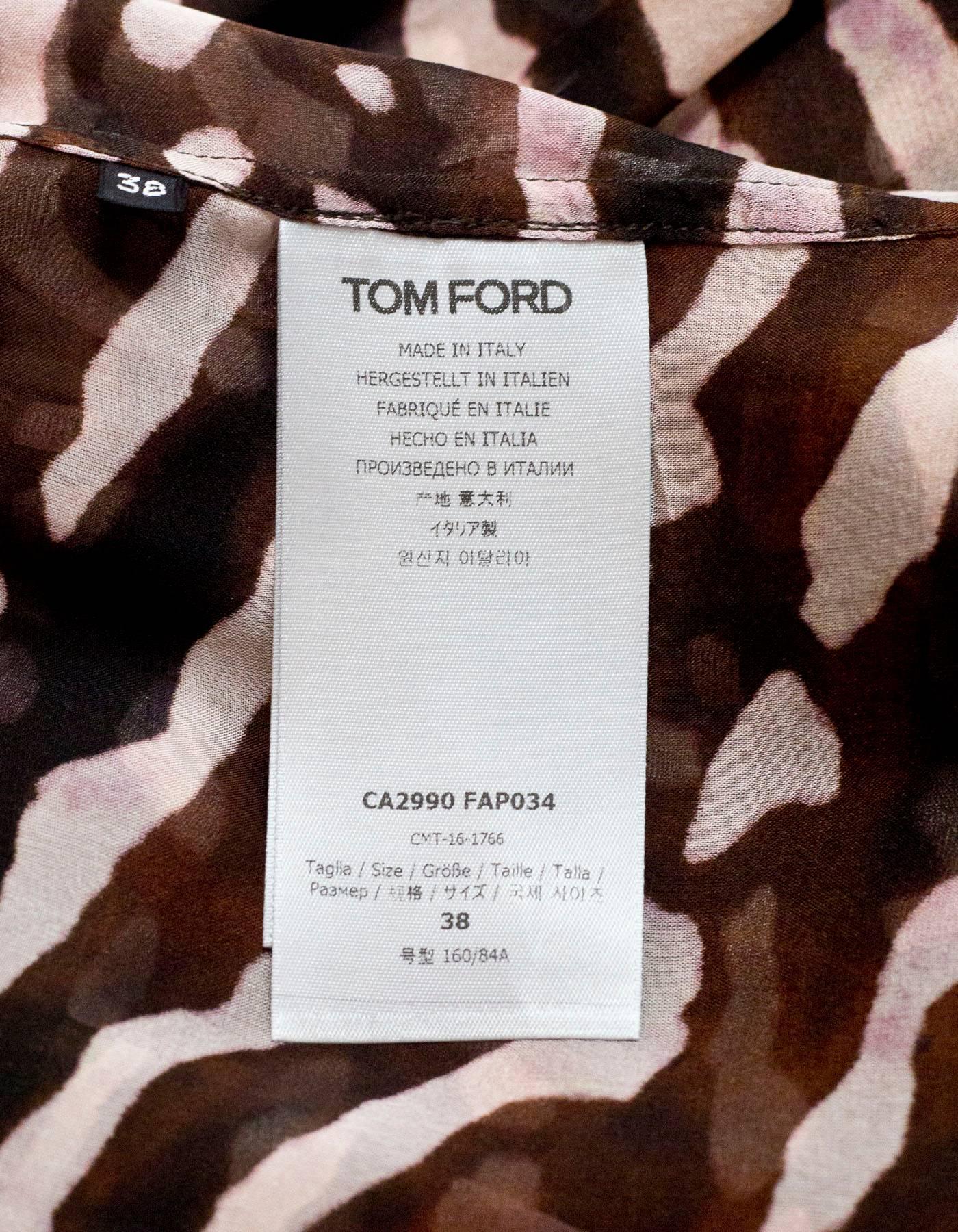Tom Ford Brown & Beige Silk Animal Print Blouse sz IT38 In Excellent Condition In New York, NY