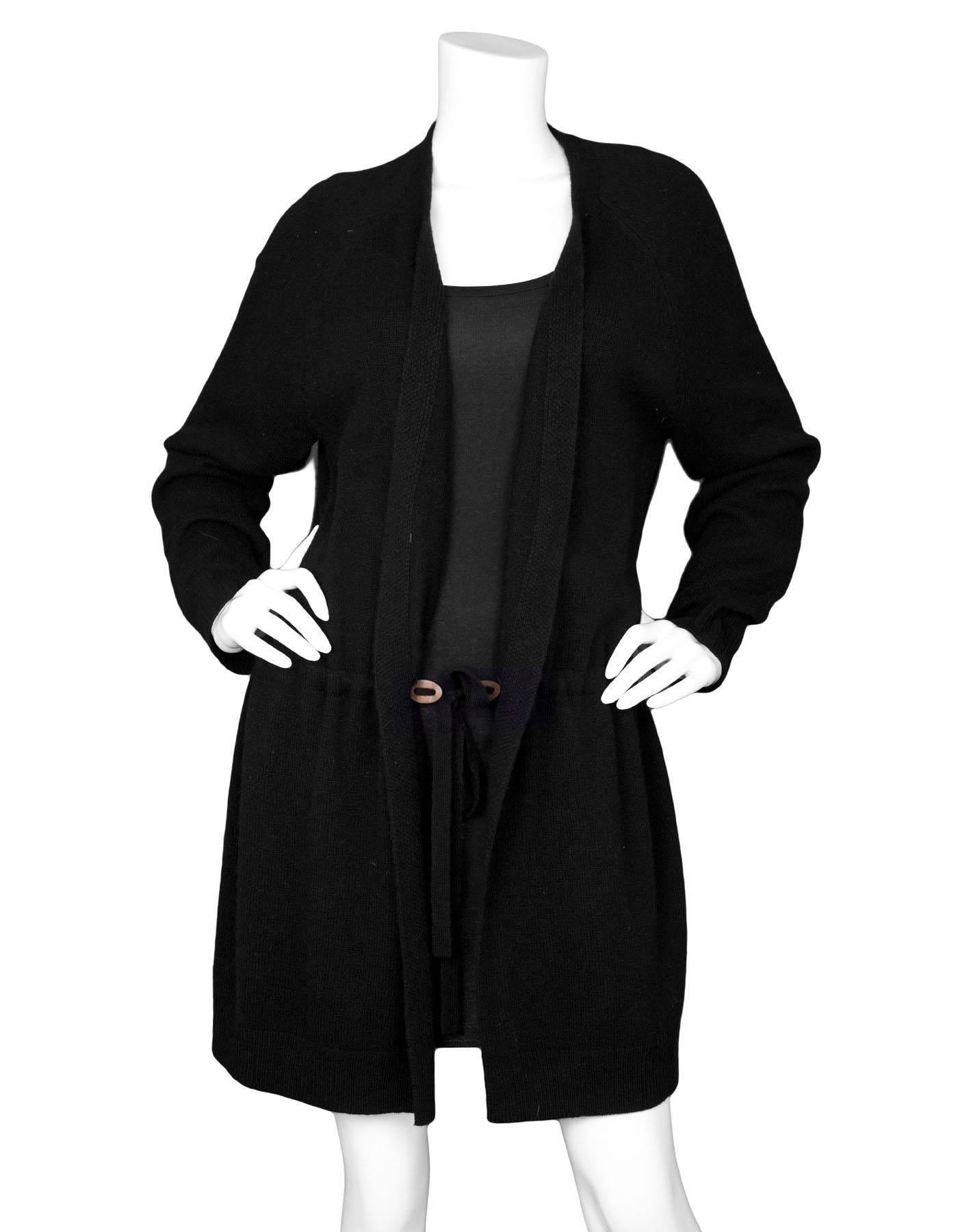 Theory Black Cashmere Long Open Cardigan 
Features drawstring at interior waist for sizing

Made In: China
Color: Black
Composition: 100% cashmere
Lining: None
Closure/Opening: None- open front
Exterior Pockets: None
Interior Pockets: None
Overall
