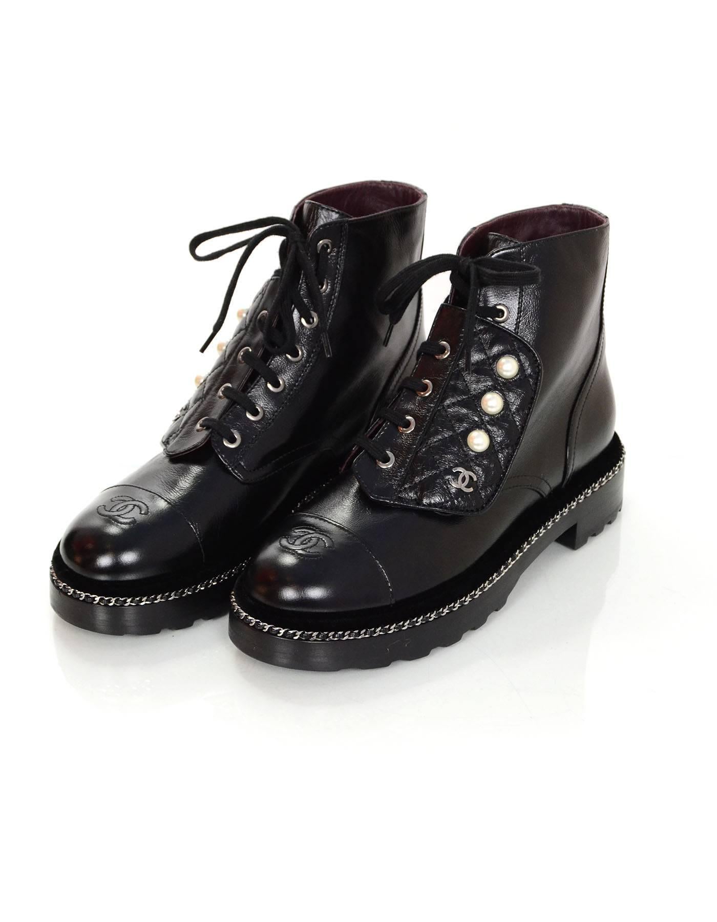 Chanel 2017 Black Calfskin Leather Pearl and Chainlink Combat Boots Sz 39  NIB For Sale at 1stDibs | chanel boots with pearls, chanel pearl combat  boots, chanel combat boots with pearls