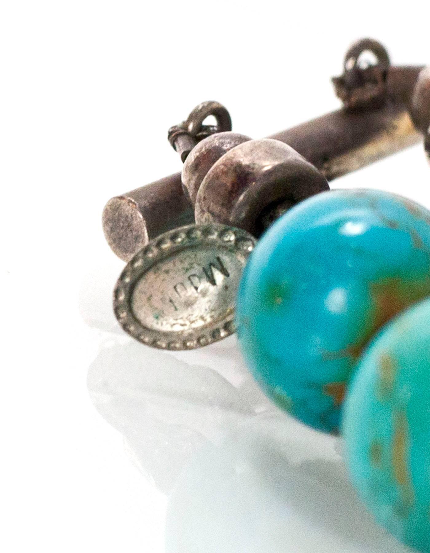 Turquoise Beaded Necklace with Silvertone Clasp In Excellent Condition In New York, NY